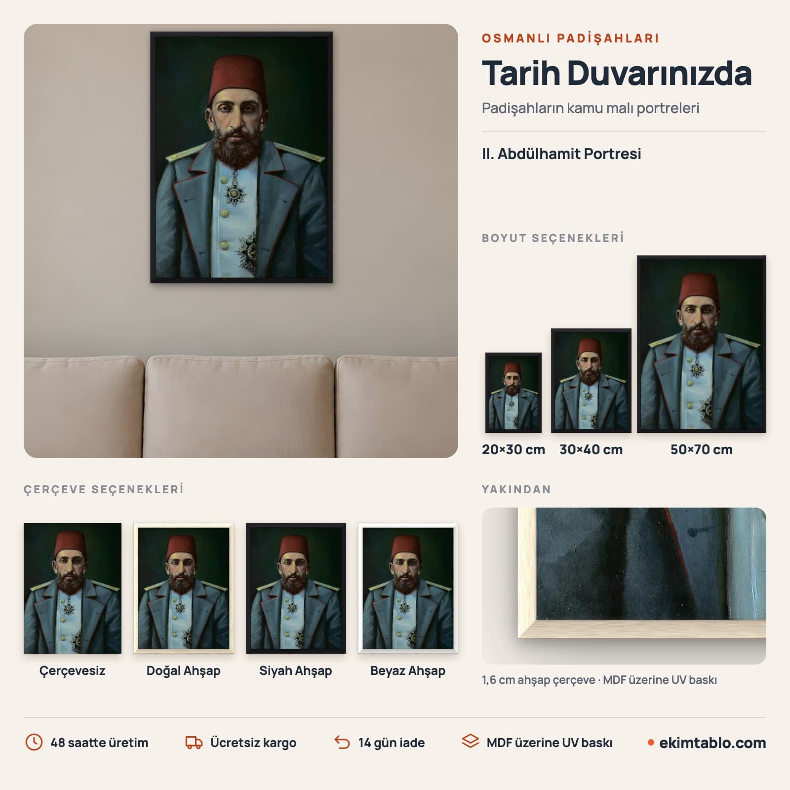 II. Abdülhamit Portresi — boyut ve çerçeve seçenekleri