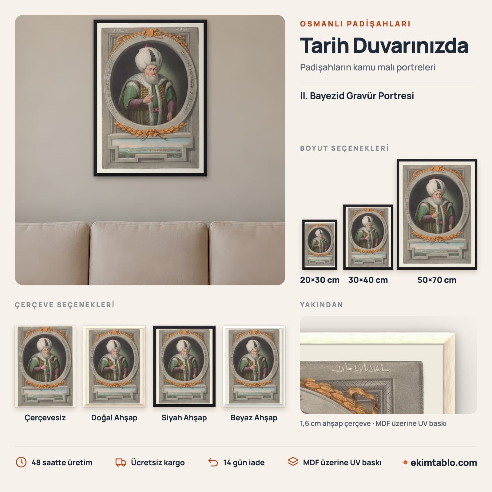 II. Bayezid Gravür Portresi — boyut ve çerçeve seçenekleri