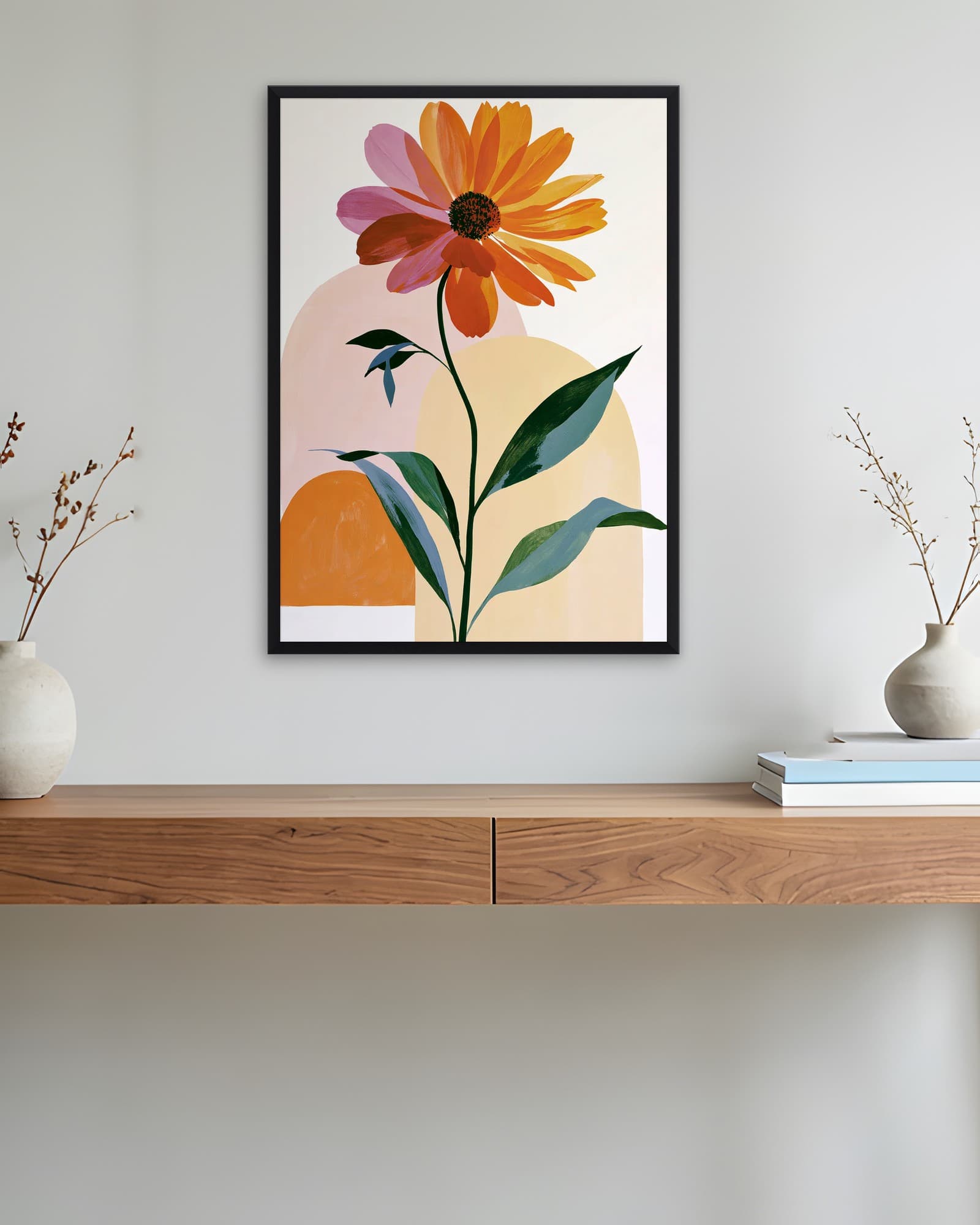 İri Turuncu Gerbera Çiçeği — Soyut Çiçek Duvar Tablosu, duvarda oda görünümü