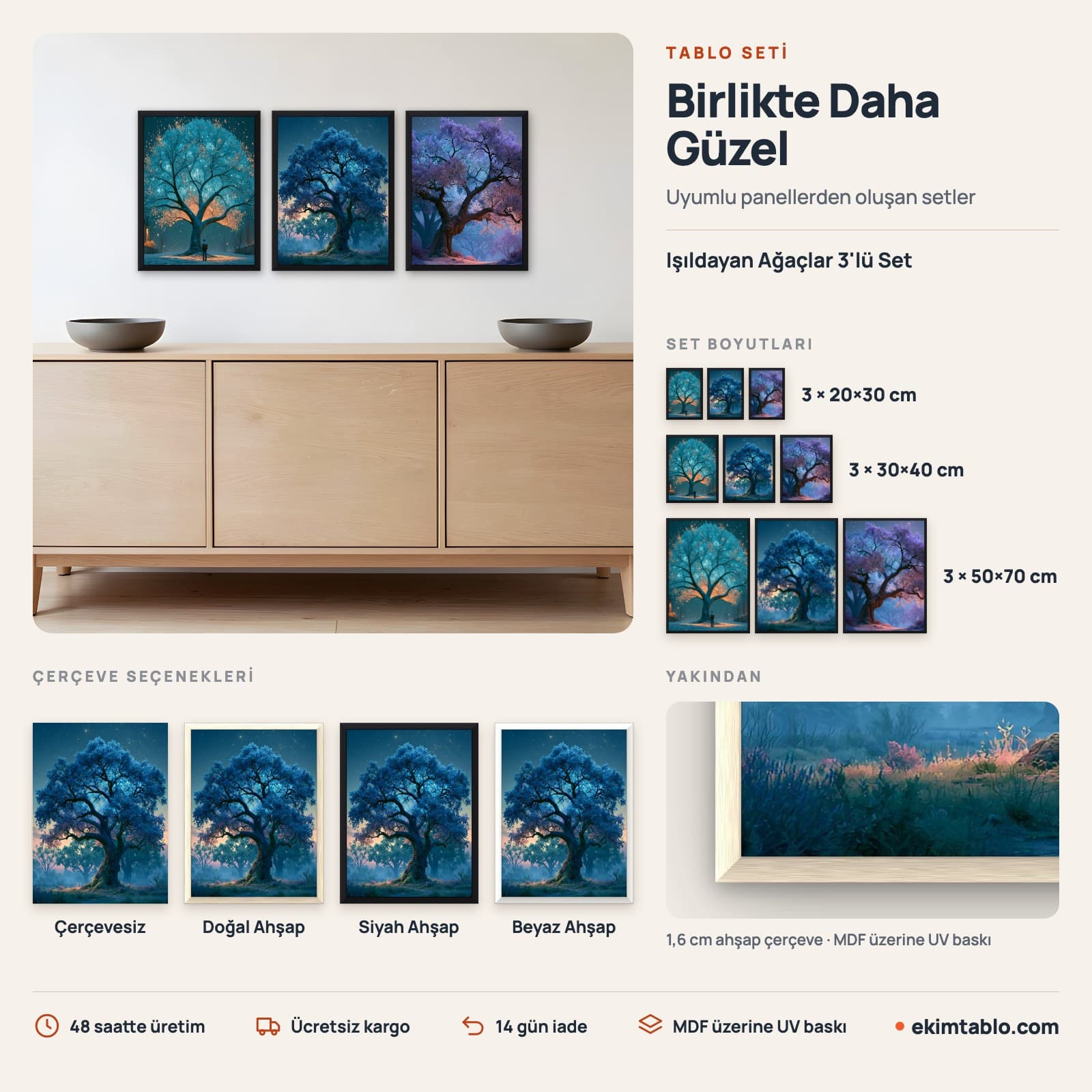 Işıldayan Ağaçlar 3'lü Set — boyut ve çerçeve seçenekleri