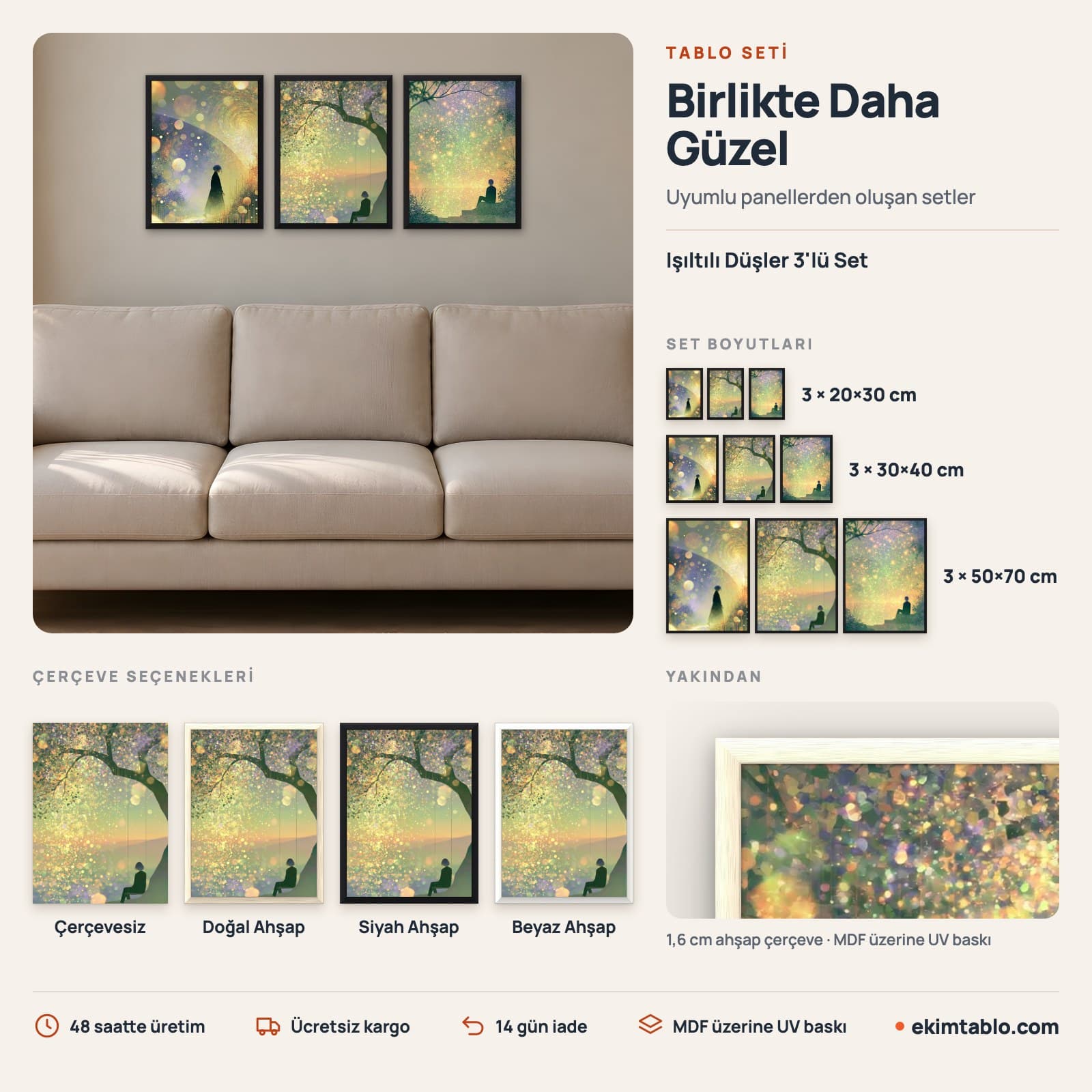 Işıltılı Düşler 3'lü Set — boyut ve çerçeve seçenekleri