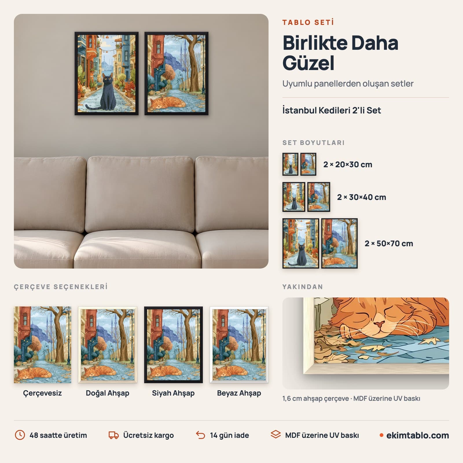 İstanbul Kedileri 2'li Set — boyut ve çerçeve seçenekleri