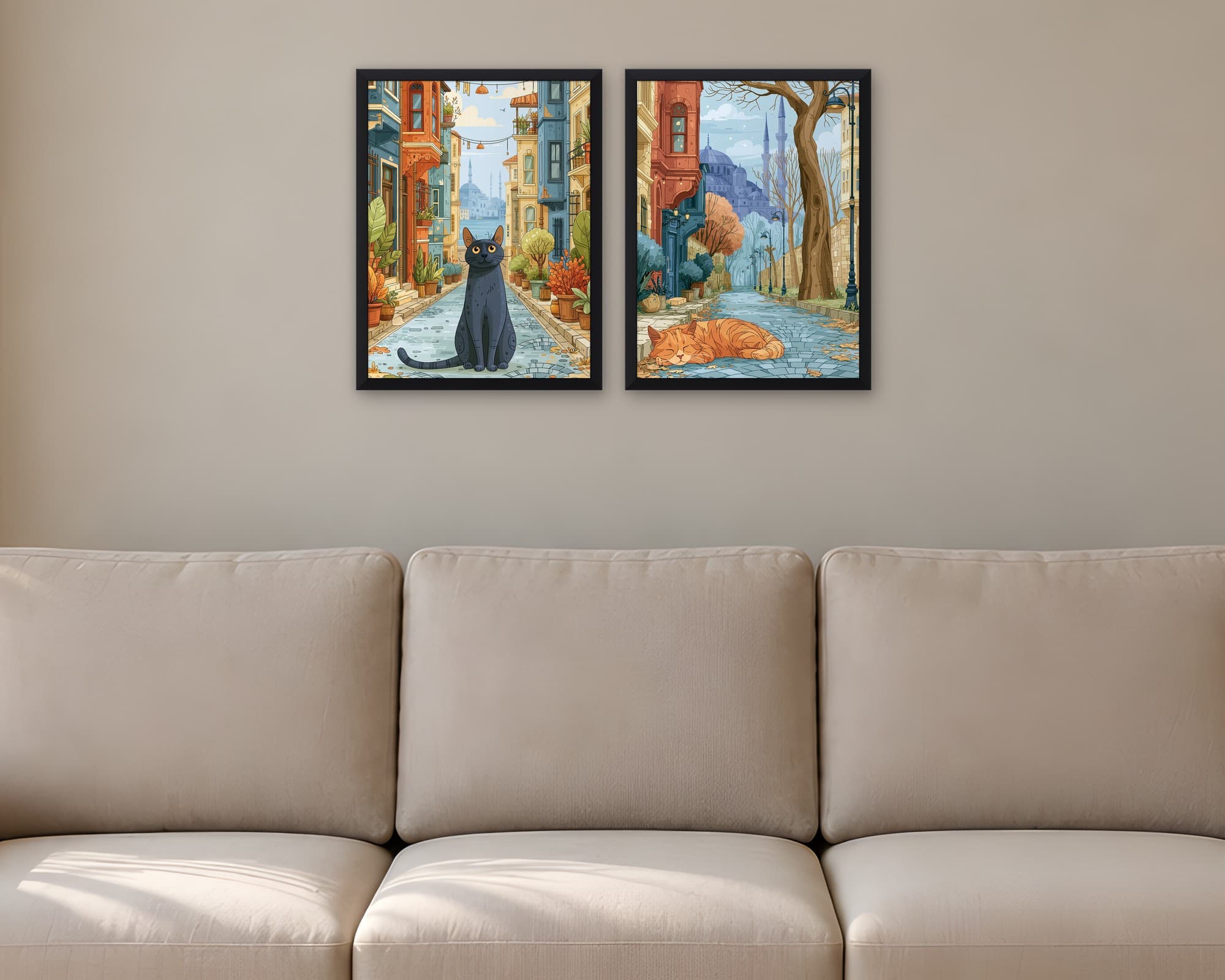 İstanbul Kedileri 2'li Set — Tablo Seti, duvarda oda görünümü