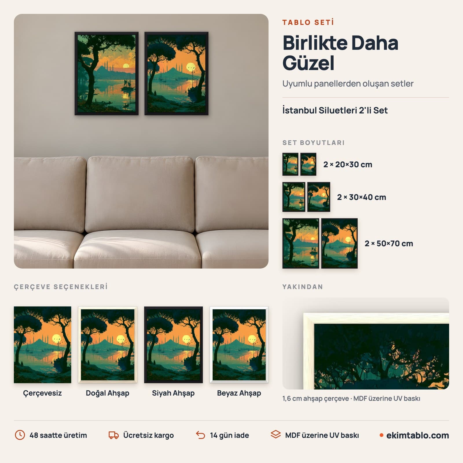İstanbul Siluetleri 2'li Set — boyut ve çerçeve seçenekleri