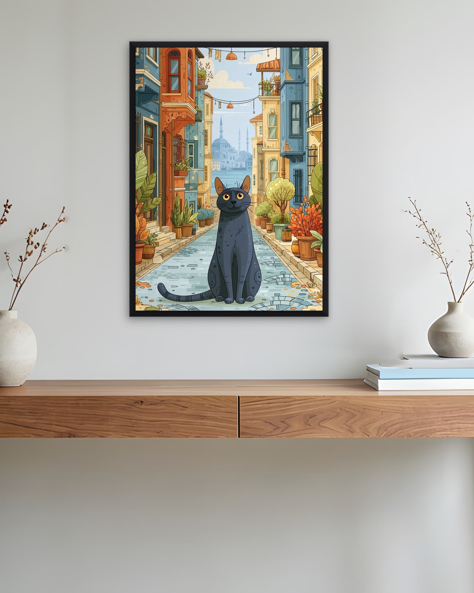 İstanbul Sokağında Gri Kedi — İstanbul Duvar Tablosu, duvarda oda görünümü
