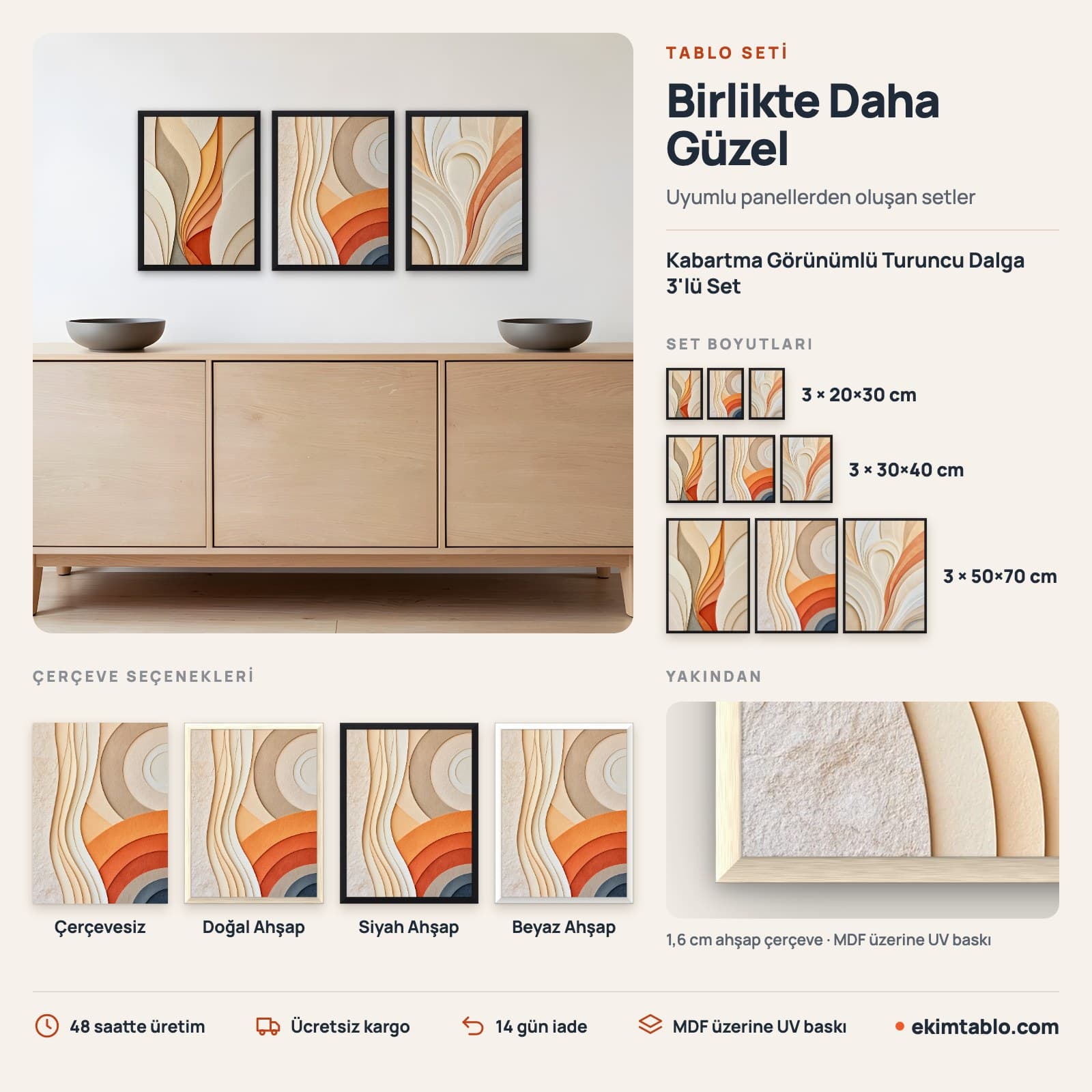 Kabartma Görünümlü Turuncu Dalga 3'lü Set — boyut ve çerçeve seçenekleri