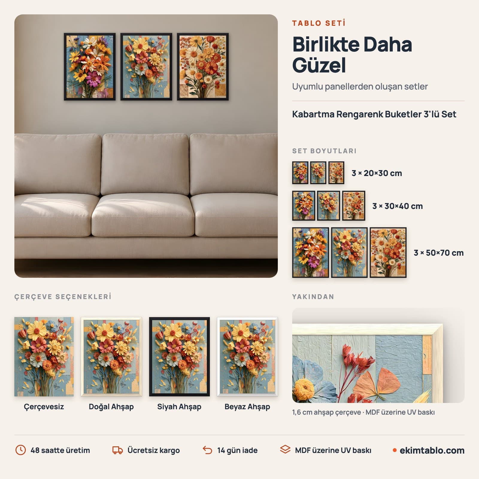 Kabartma Rengarenk Buketler 3'lü Set — boyut ve çerçeve seçenekleri