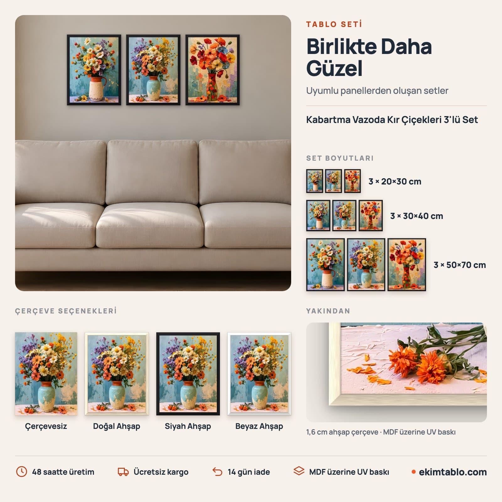 Kabartma Vazoda Kır Çiçekleri 3'lü Set — boyut ve çerçeve seçenekleri