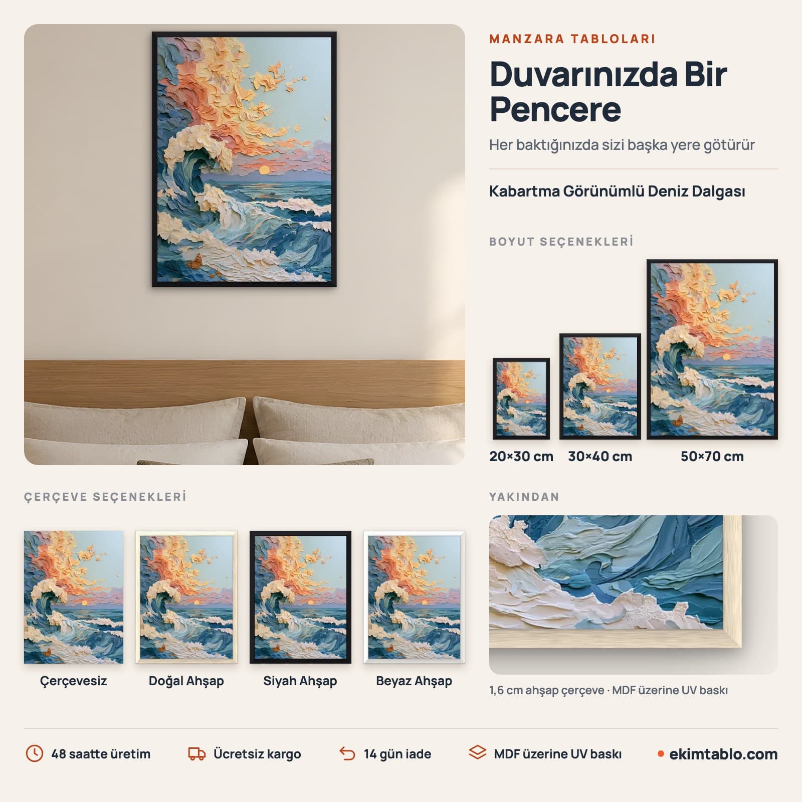 Kabartma Görünümlü Deniz Dalgası — boyut ve çerçeve seçenekleri
