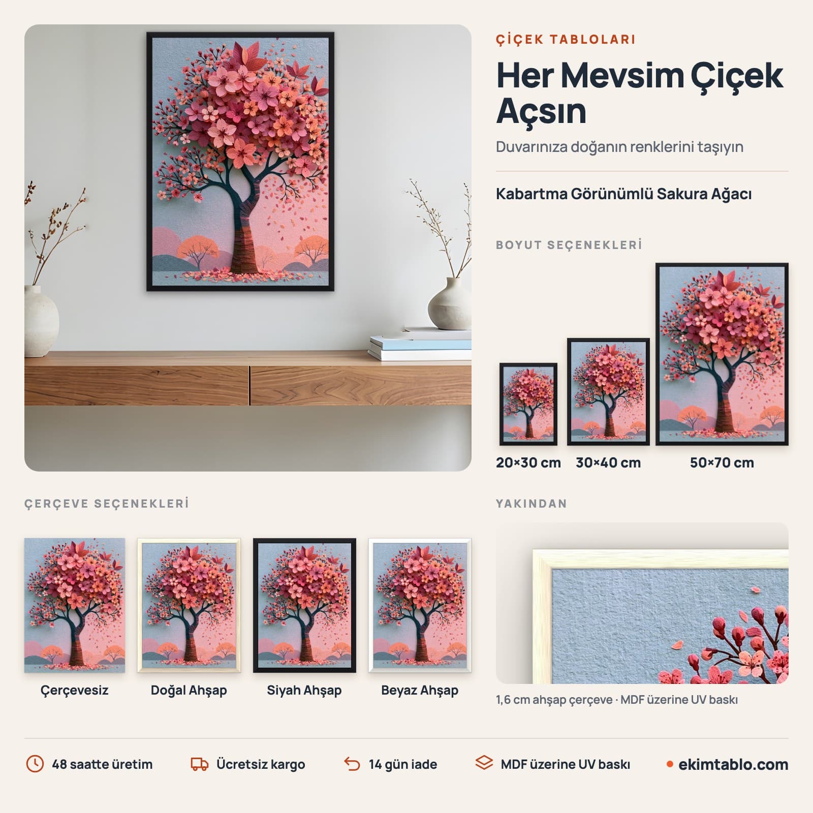 Kabartma Görünümlü Sakura Ağacı — boyut ve çerçeve seçenekleri
