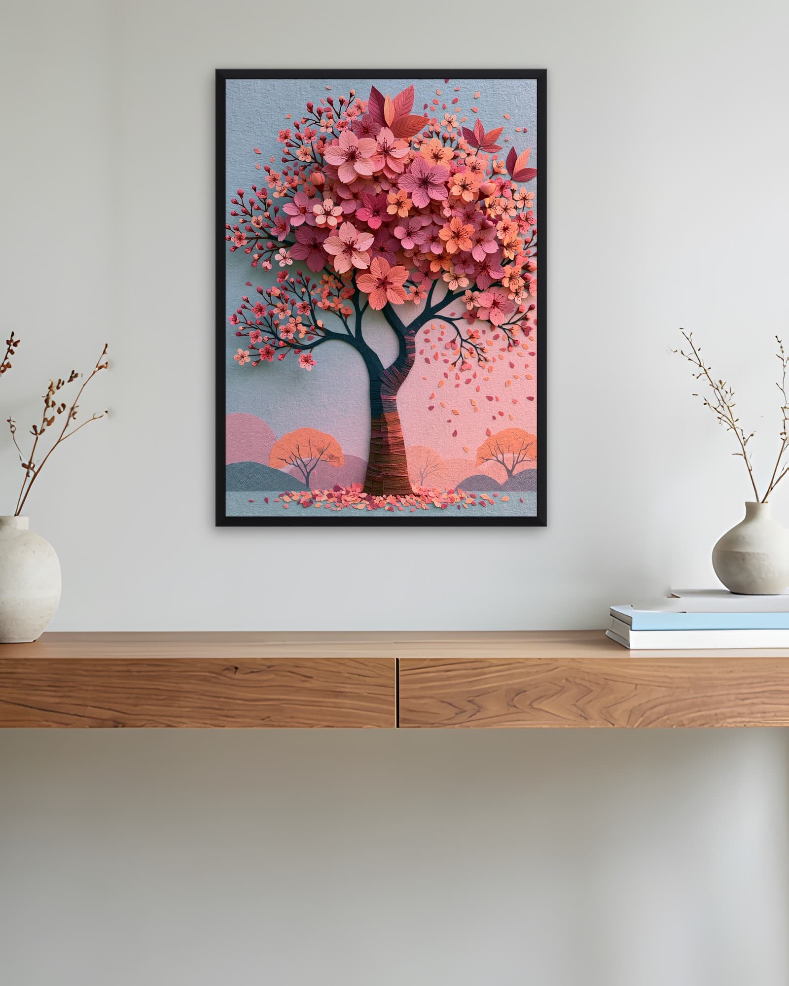 Kabartma Görünümlü Sakura Ağacı — Çiçek Duvar Tablosu, duvarda oda görünümü