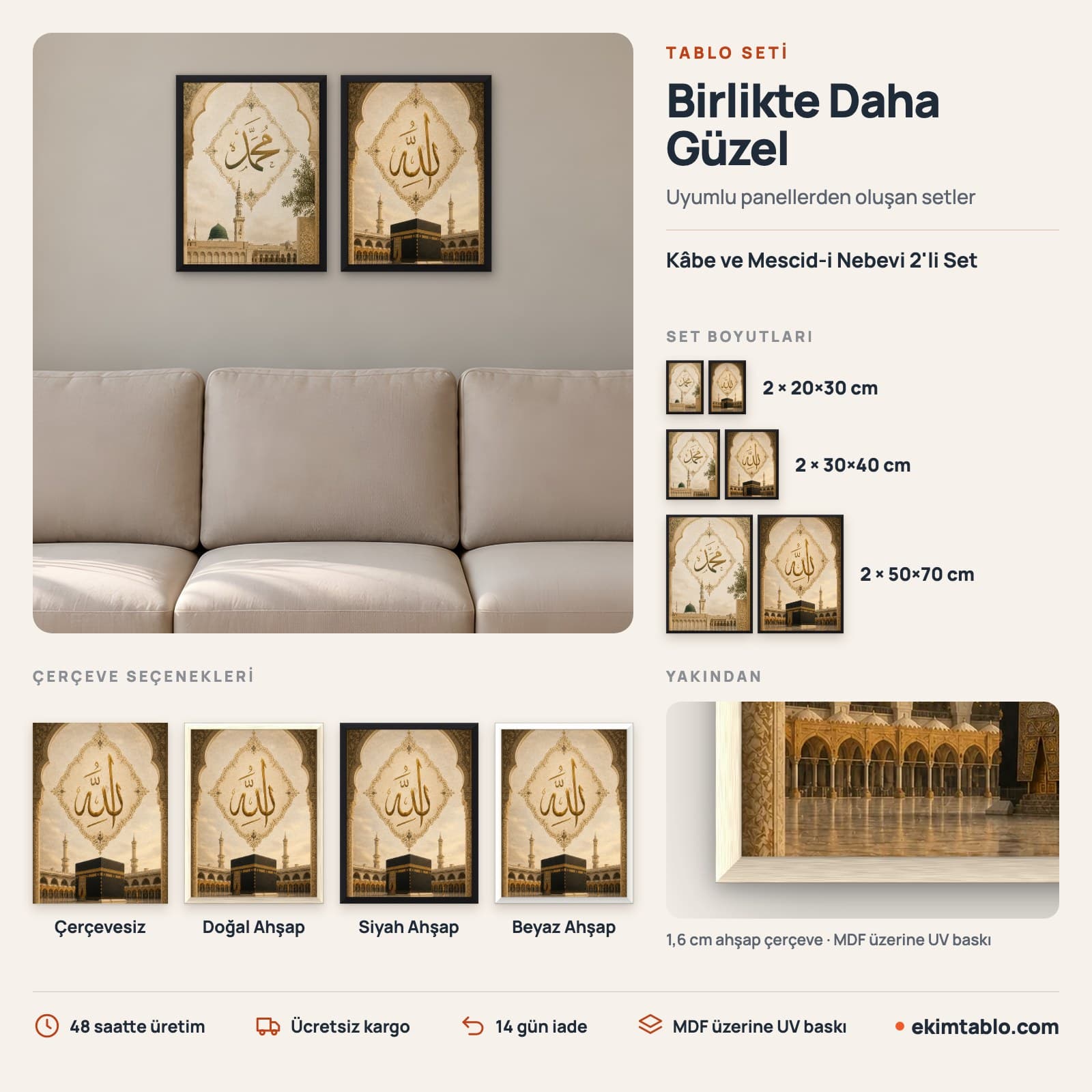 Kâbe ve Mescid-i Nebevi 2'li Set — boyut ve çerçeve seçenekleri