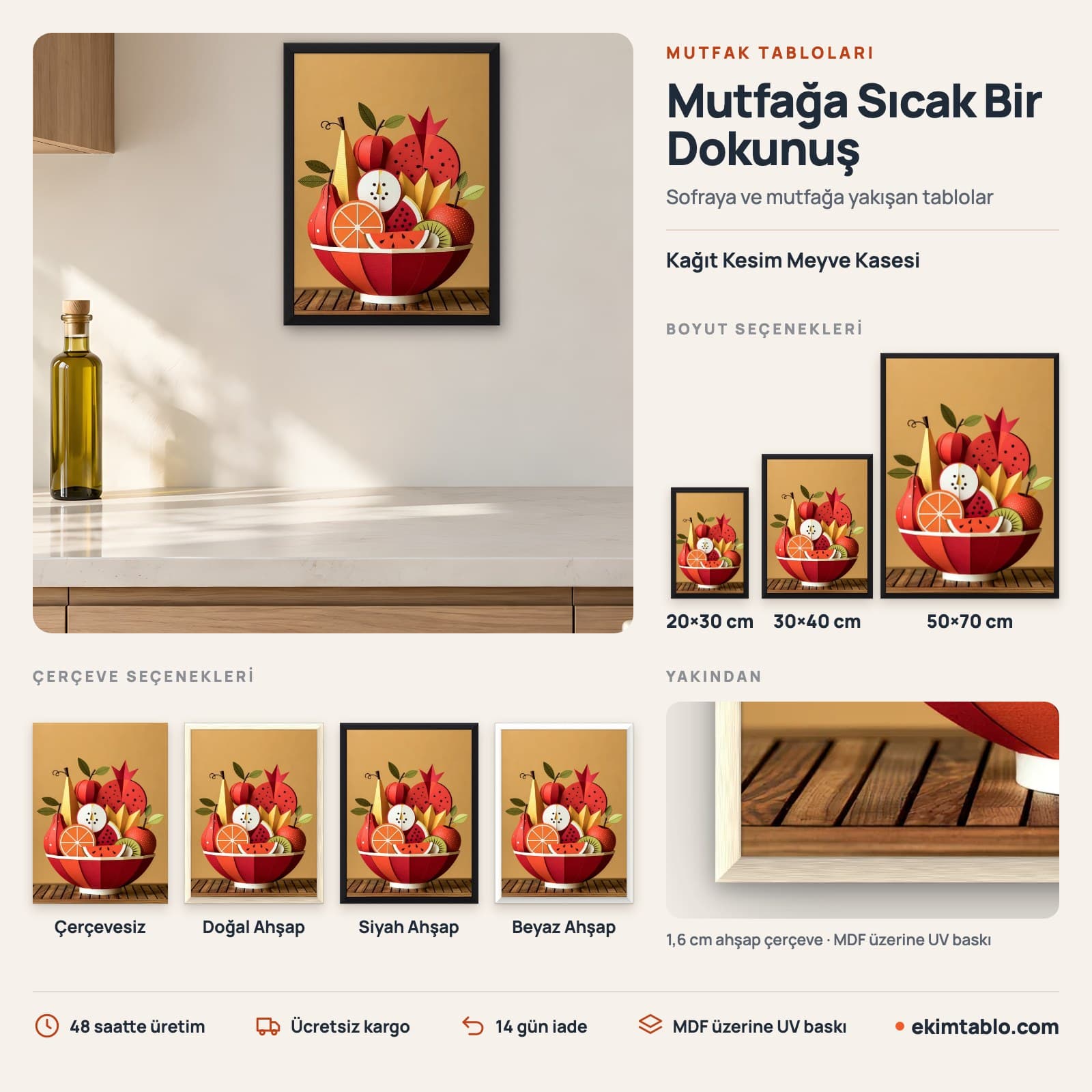 Kağıt Kesim Meyve Kasesi — boyut ve çerçeve seçenekleri