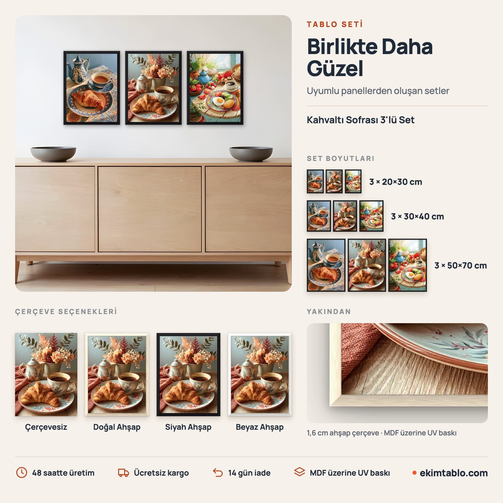 Kahvaltı Sofrası 3'lü Set — boyut ve çerçeve seçenekleri