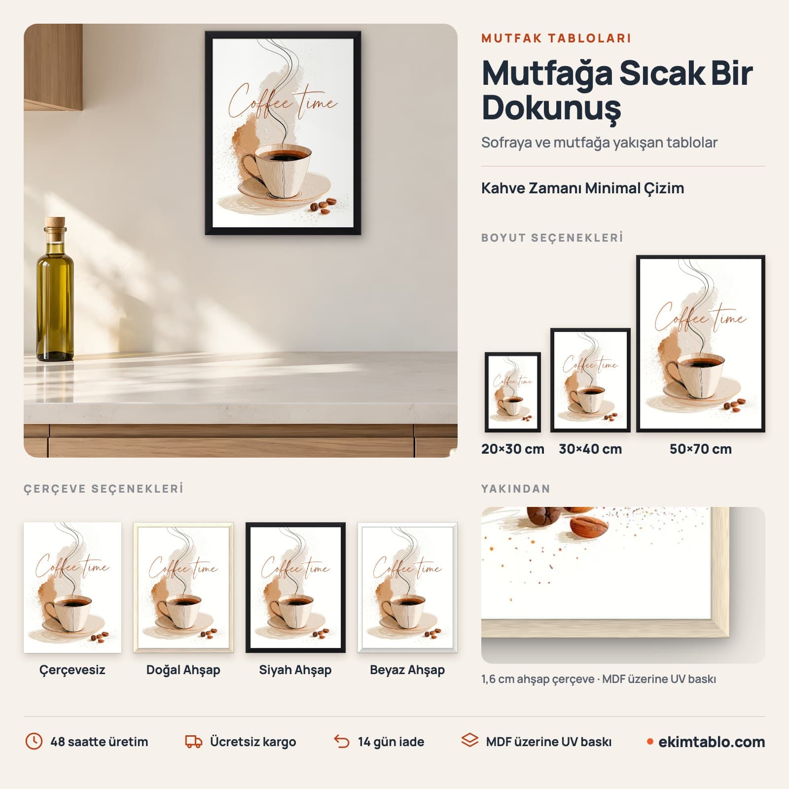 Kahve Zamanı Minimal Çizim — boyut ve çerçeve seçenekleri