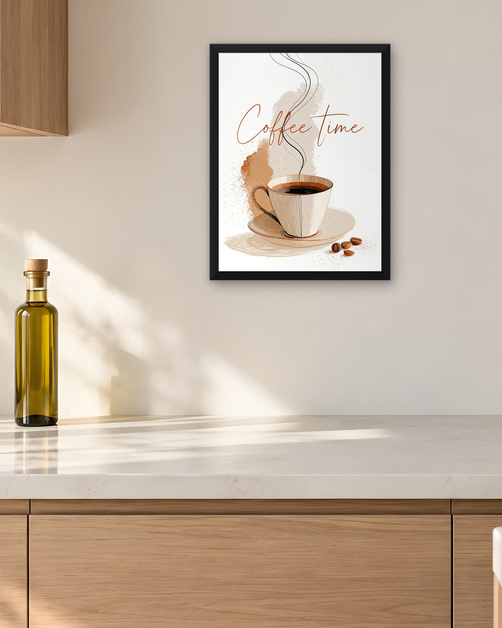 Kahve Zamanı Minimal Çizim — Mutfak Duvar Tablosu, duvarda oda görünümü