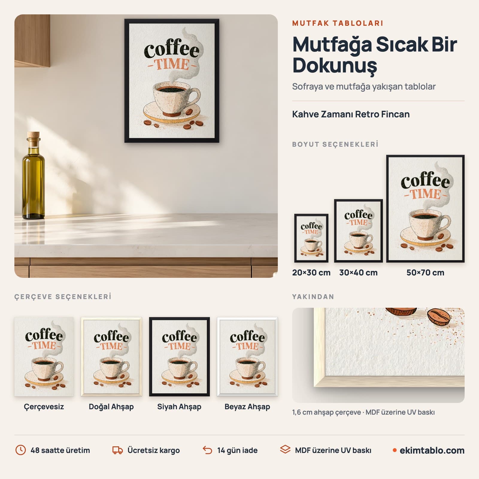 Kahve Zamanı Retro Fincan — boyut ve çerçeve seçenekleri