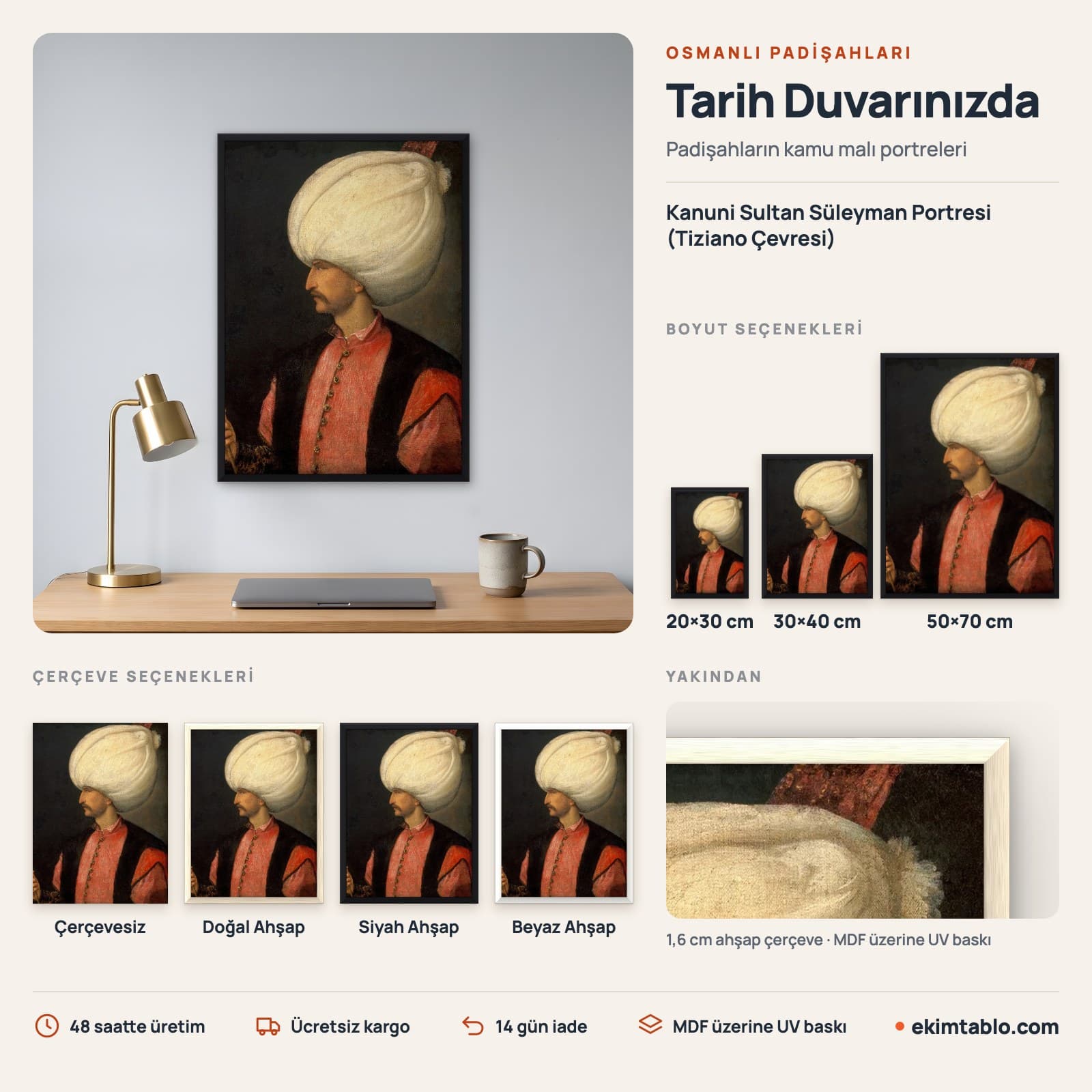 Kanuni Sultan Süleyman Portresi (Tiziano Çevresi) — boyut ve çerçeve seçenekleri