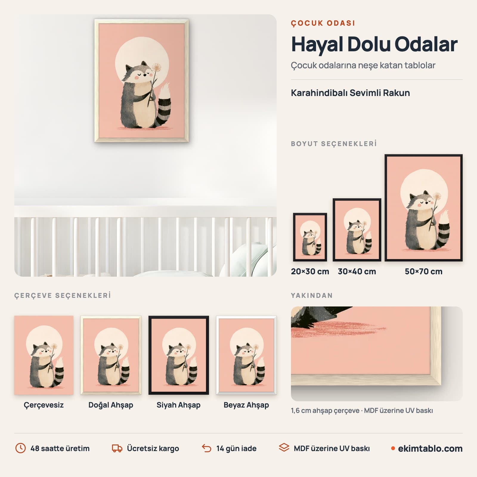 Karahindibalı Sevimli Rakun — boyut ve çerçeve seçenekleri
