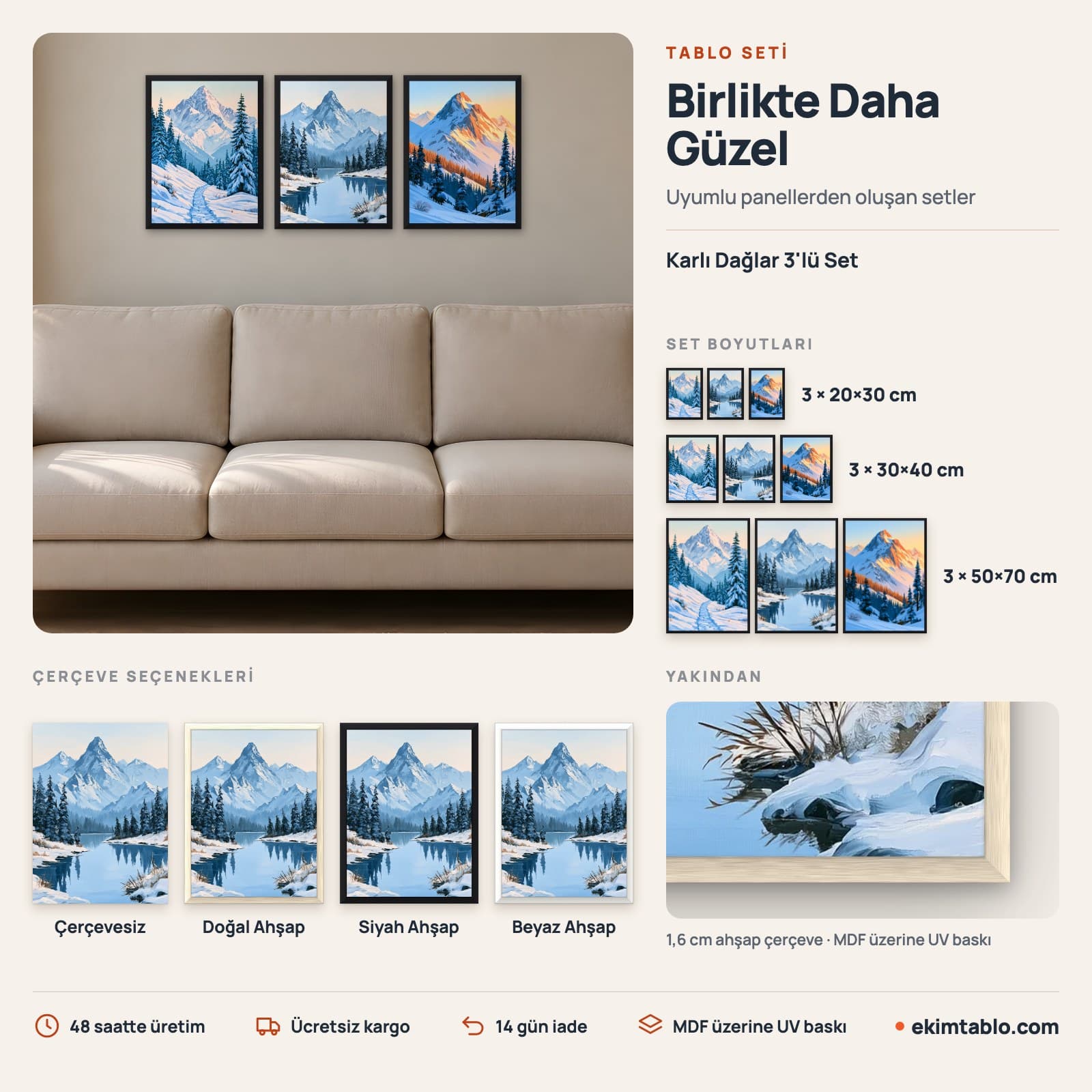 Karlı Dağlar 3'lü Set — boyut ve çerçeve seçenekleri