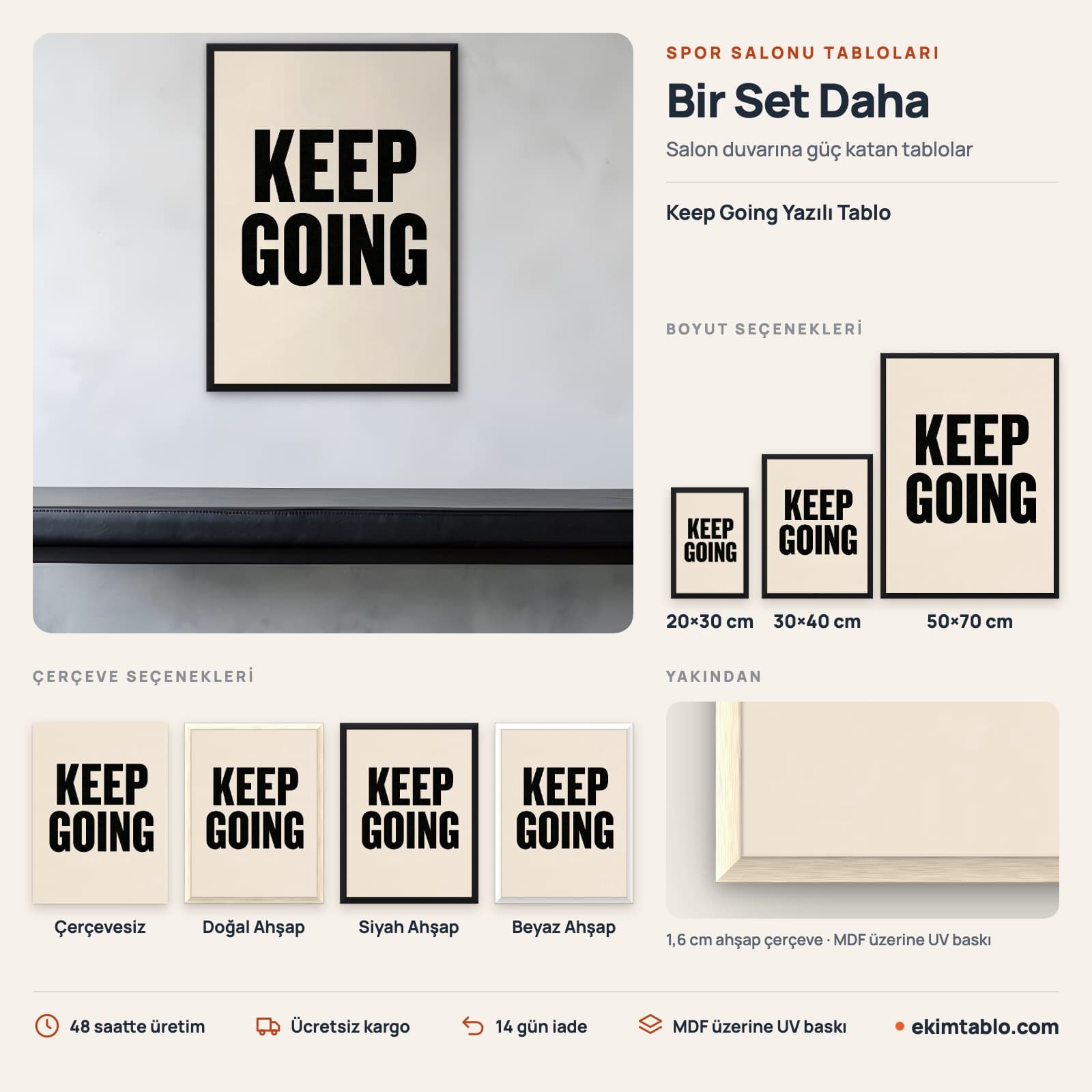 Keep Going Yazılı Tablo — boyut ve çerçeve seçenekleri