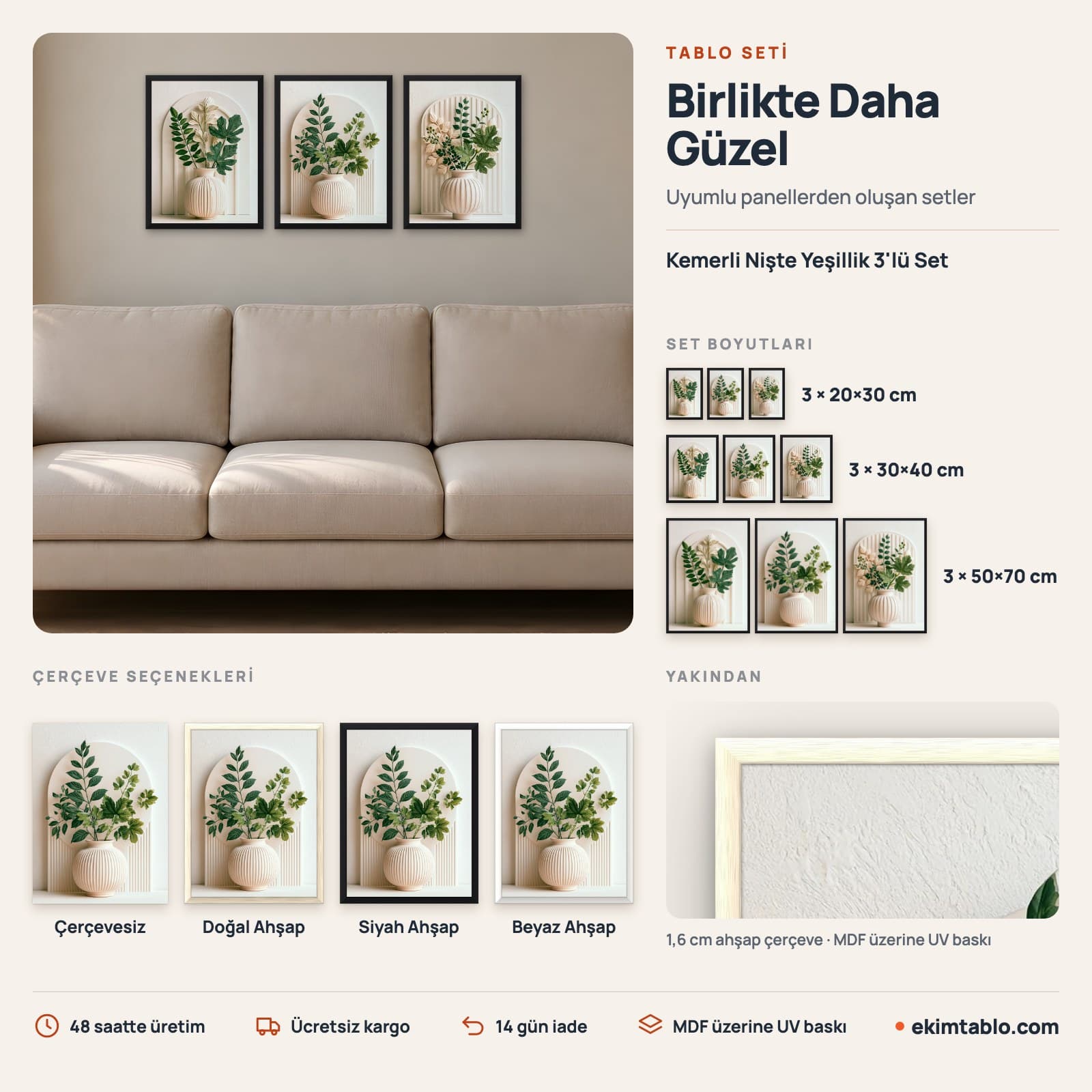 Kemerli Nişte Yeşillik 3'lü Set — boyut ve çerçeve seçenekleri