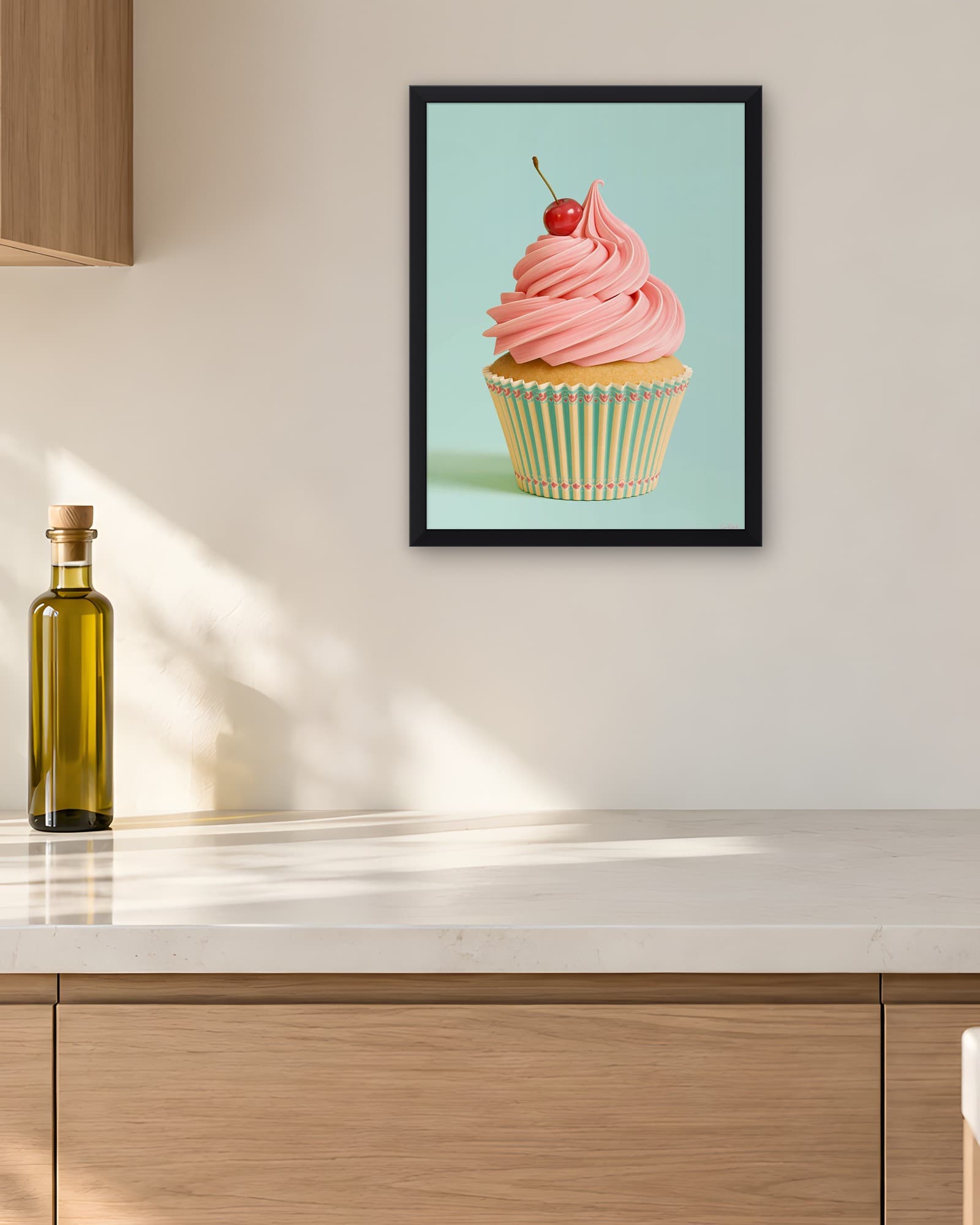 Kirazlı Pembe Cupcake — Mutfak Duvar Tablosu, duvarda oda görünümü