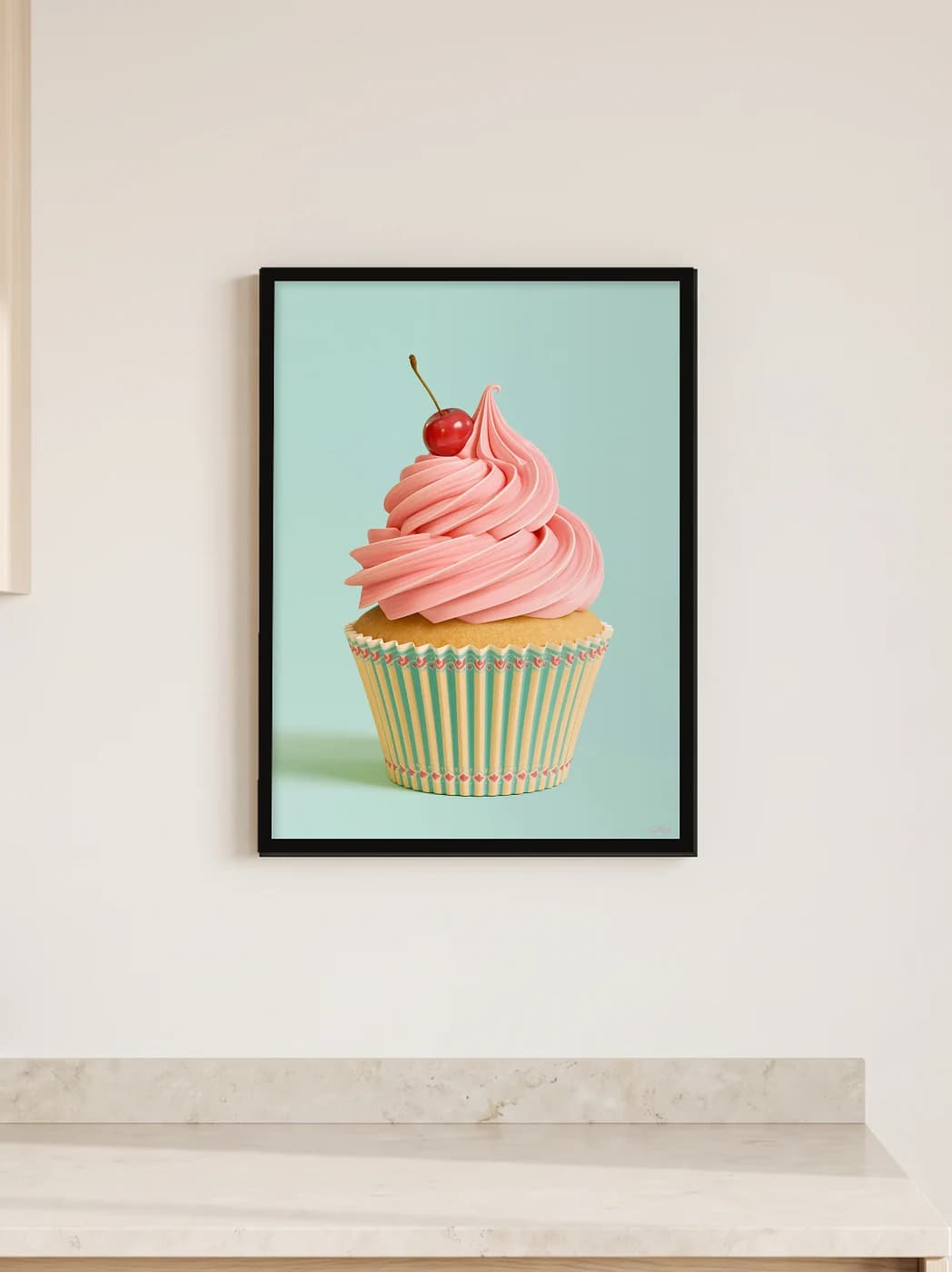 Kirazlı Pembe Cupcake — Mutfak Duvar Tablosu, duvarda oda görünümü