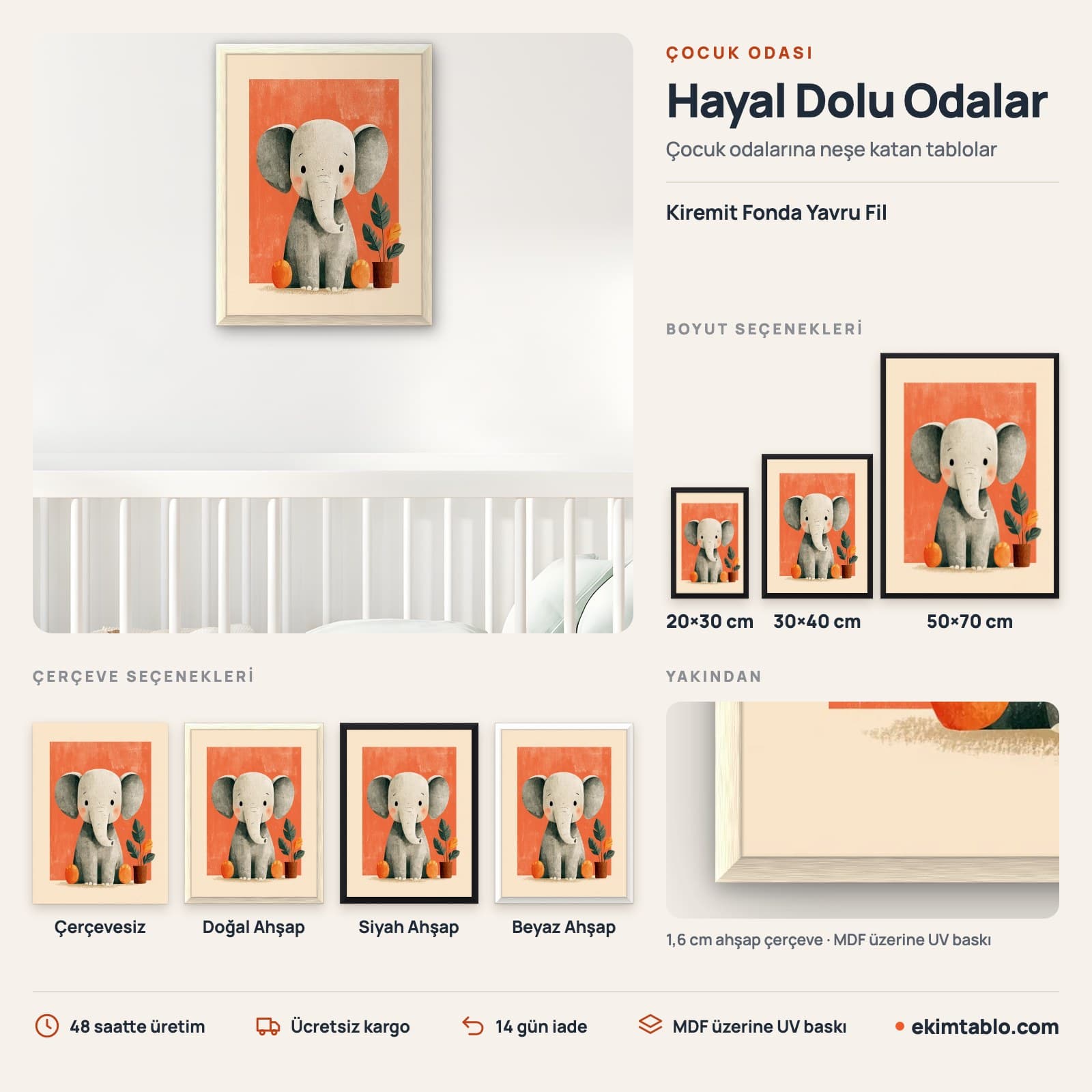 Kiremit Fonda Yavru Fil — boyut ve çerçeve seçenekleri