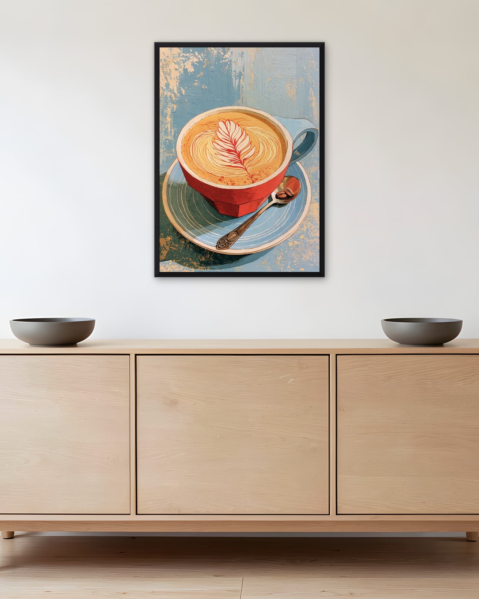 Kırmızı Fincanda Köpüklü Latte — Mutfak Duvar Tablosu, duvarda oda görünümü