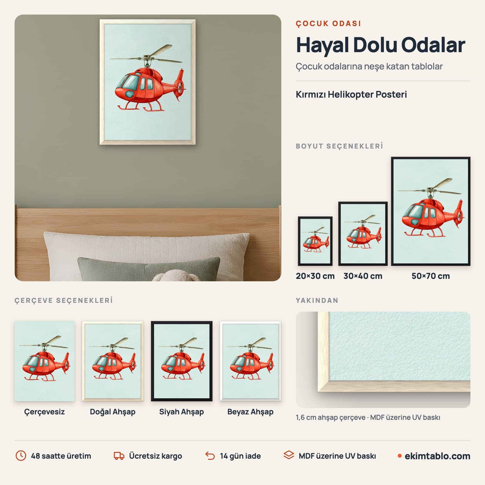 Kırmızı Helikopter Posteri — boyut ve çerçeve seçenekleri