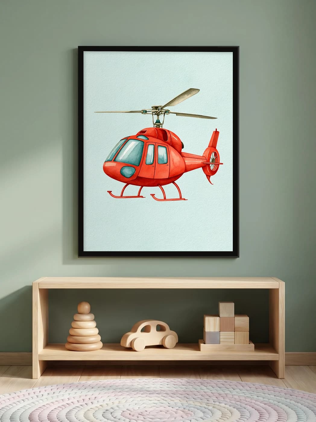 Kırmızı Helikopter Posteri — Çocuk Odası Duvar Tablosu, duvarda oda görünümü