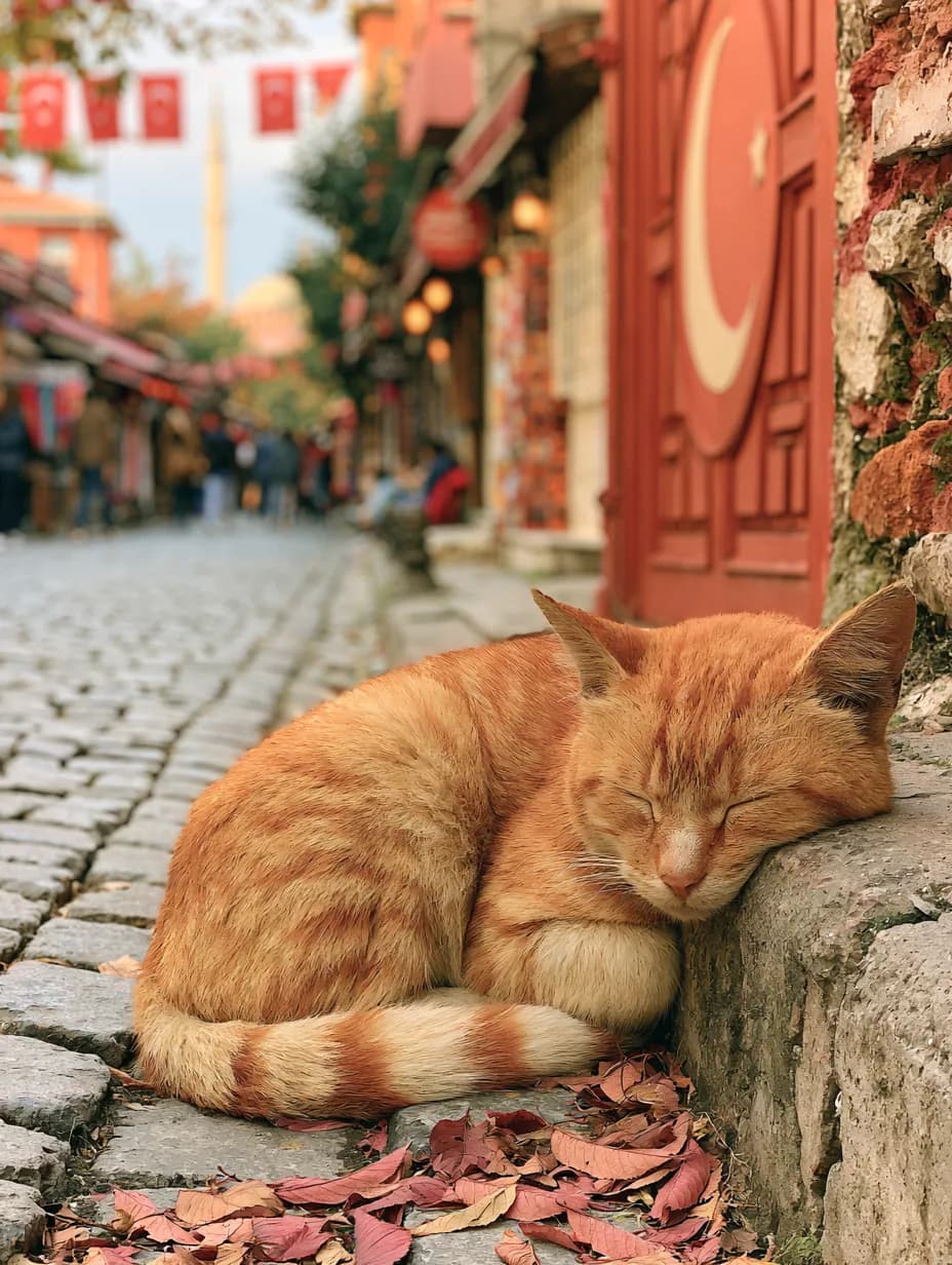 Kırmızı Kapıda Uyuyan Kedi — şehirler temalı UV baskı tablo