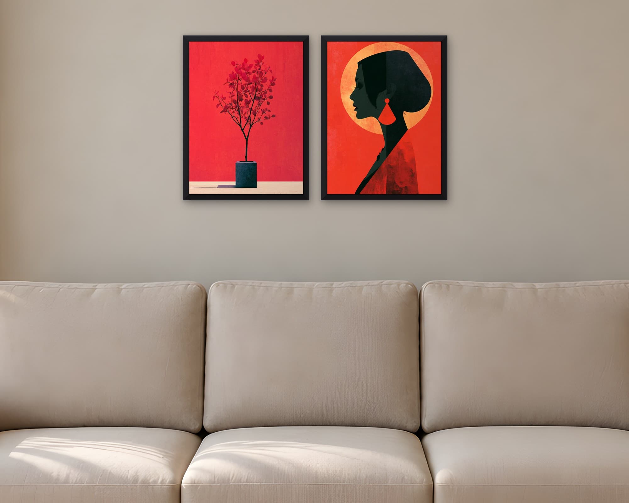 Kırmızı Tonlar 2'li Set — Tablo Seti, duvarda oda görünümü