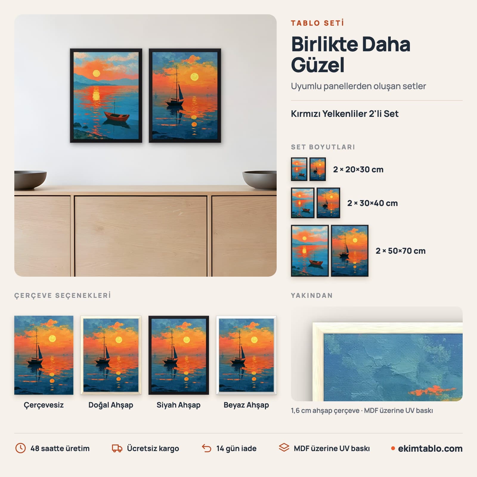 Kırmızı Yelkenliler 2'li Set — boyut ve çerçeve seçenekleri