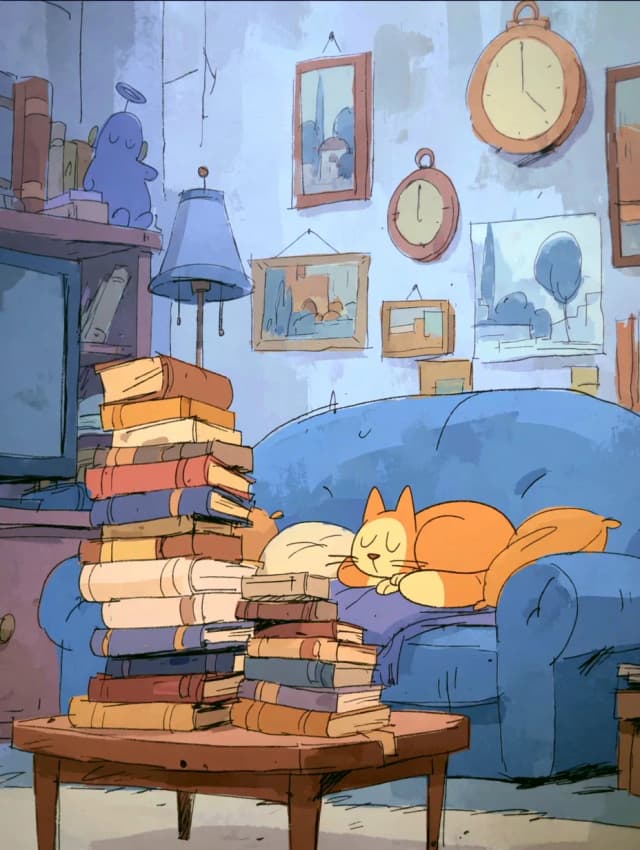 Kitap Yığını ve Tembel Kedi