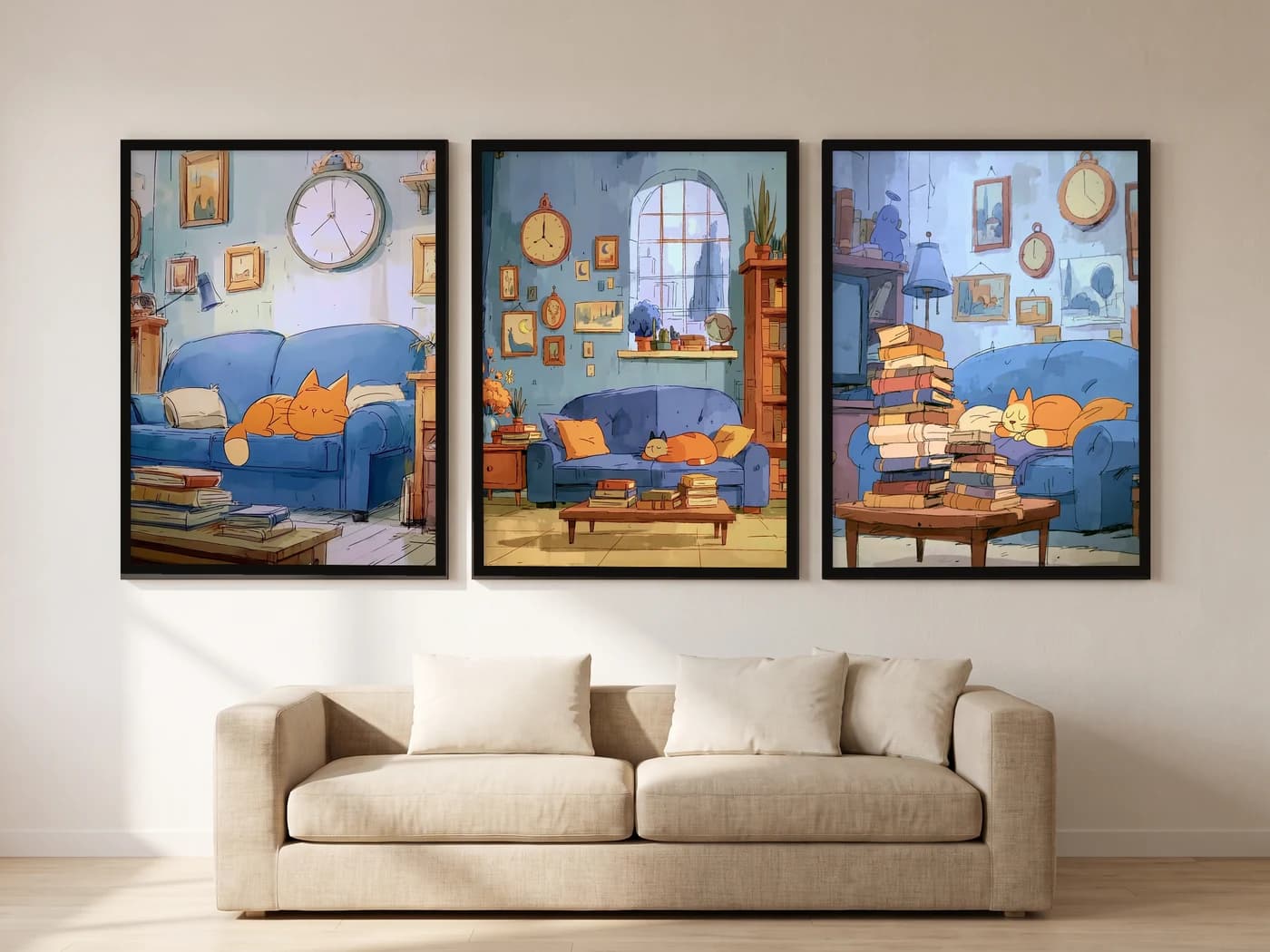Kitaplı Kedi 3'lü Set — Tablo Seti, duvarda oda görünümü