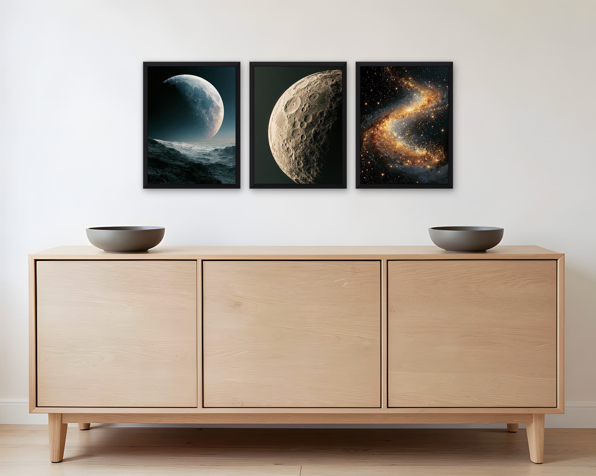 Kozmos 3'lü Set — Tablo Seti, duvarda oda görünümü