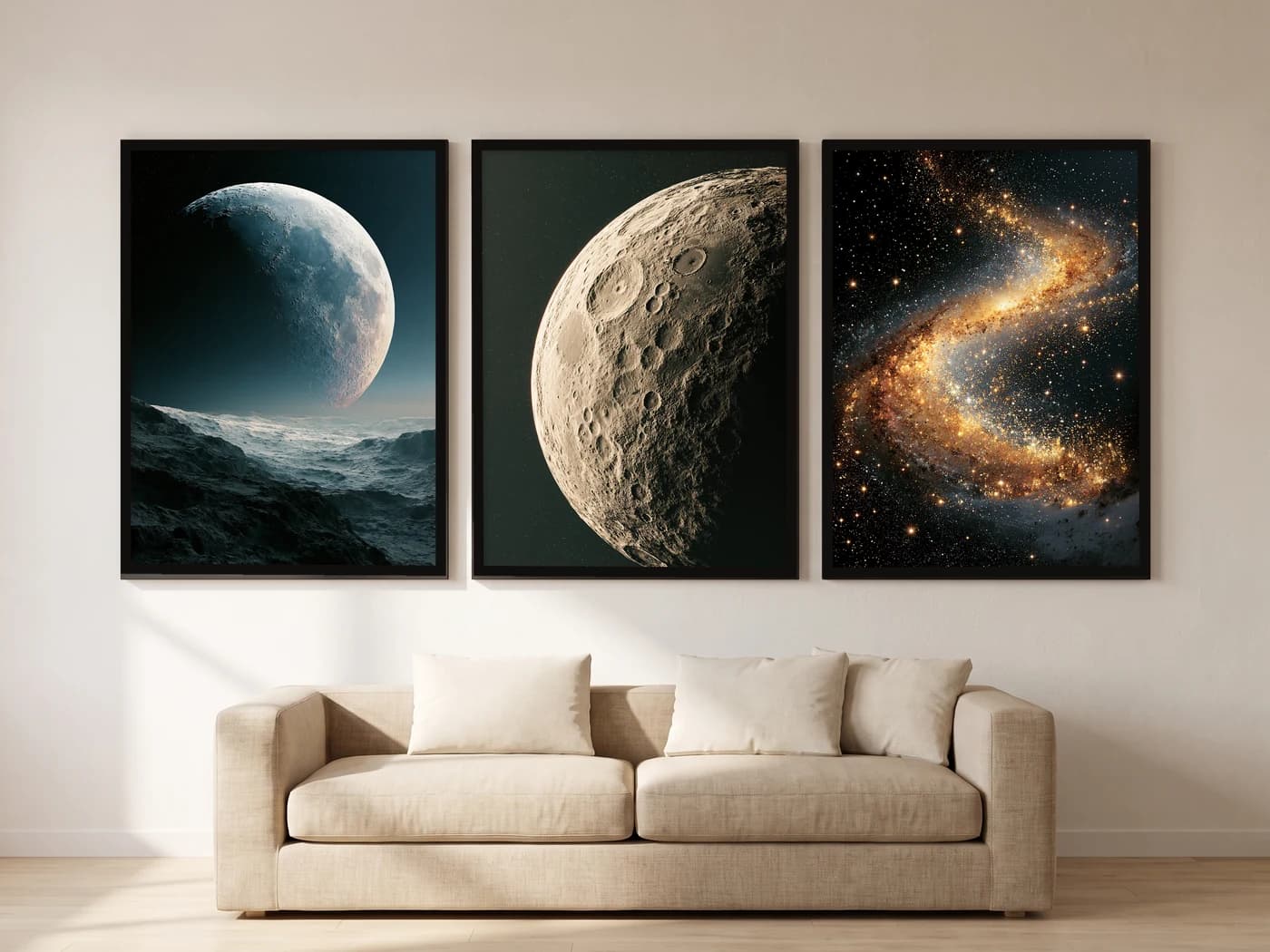 Kozmos 3'lü Set — Tablo Seti, duvarda oda görünümü