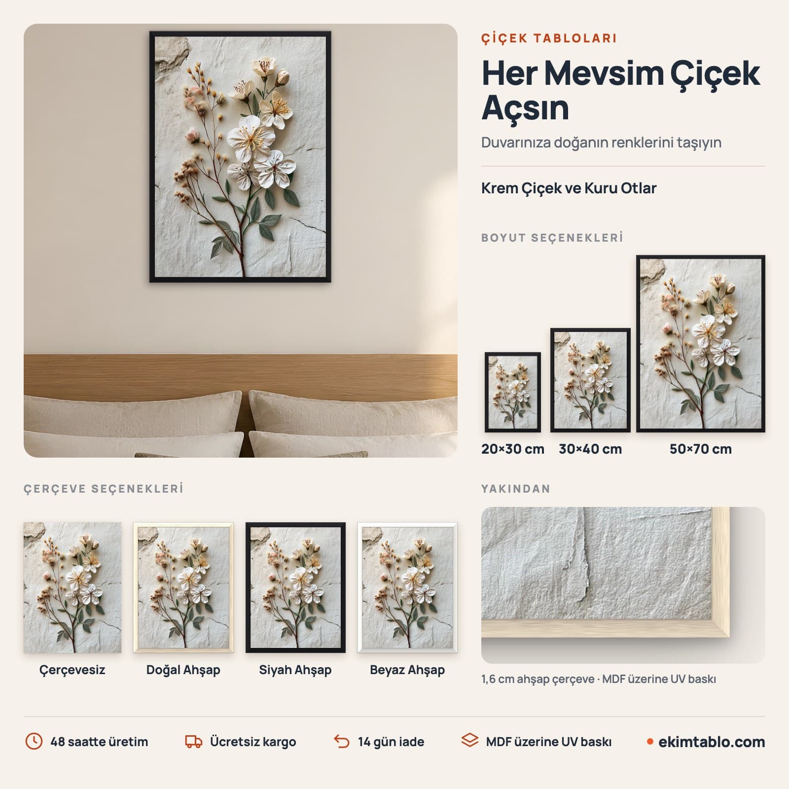 Krem Çiçek ve Kuru Otlar — boyut ve çerçeve seçenekleri