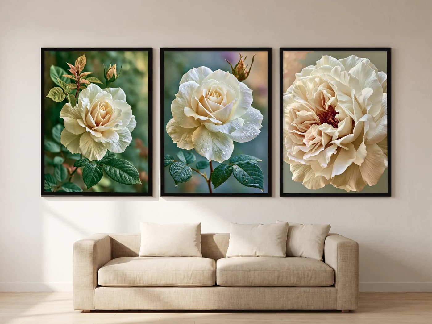 Krem Gül 3'lü Set — Tablo Seti, duvarda oda görünümü