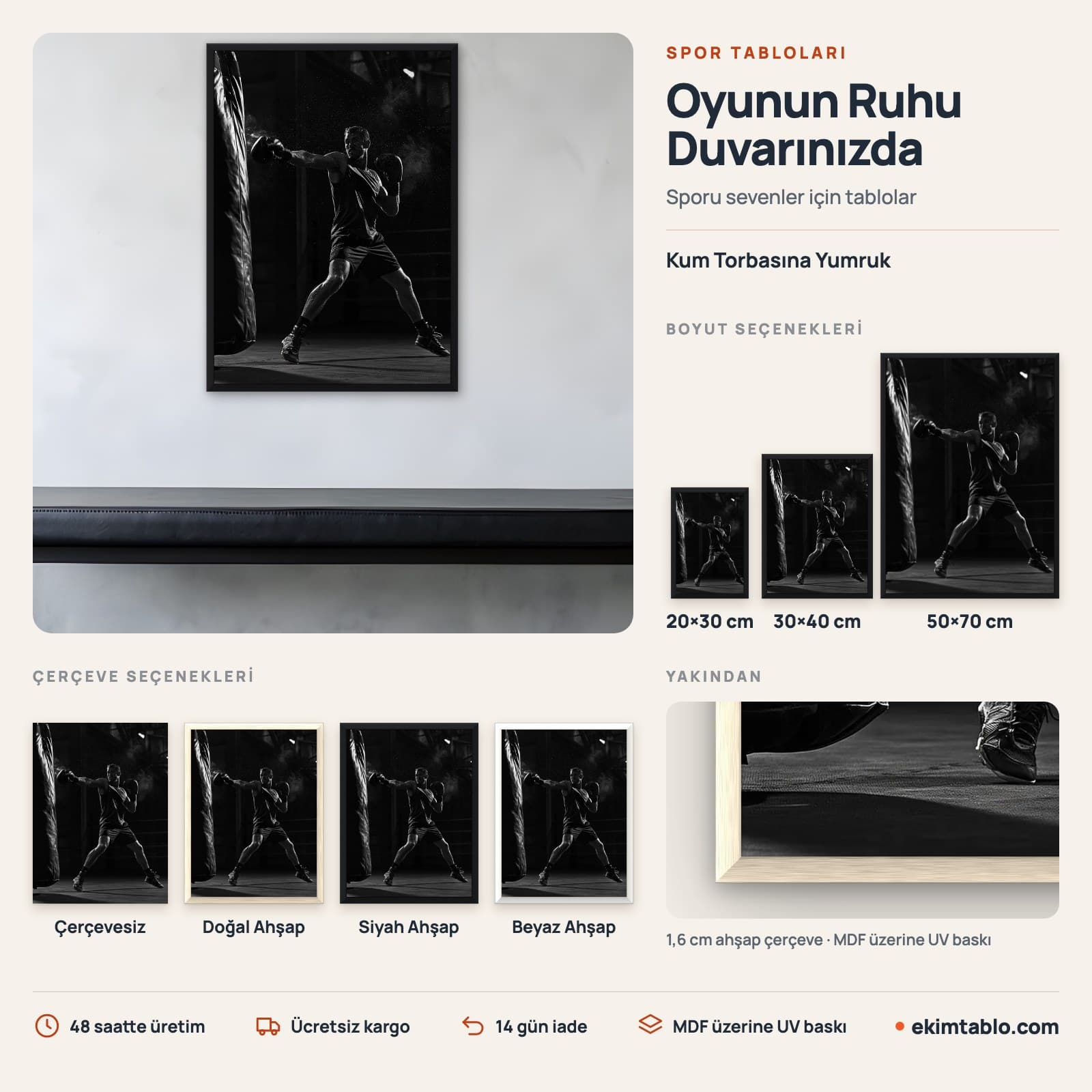 Kum Torbasına Yumruk — boyut ve çerçeve seçenekleri