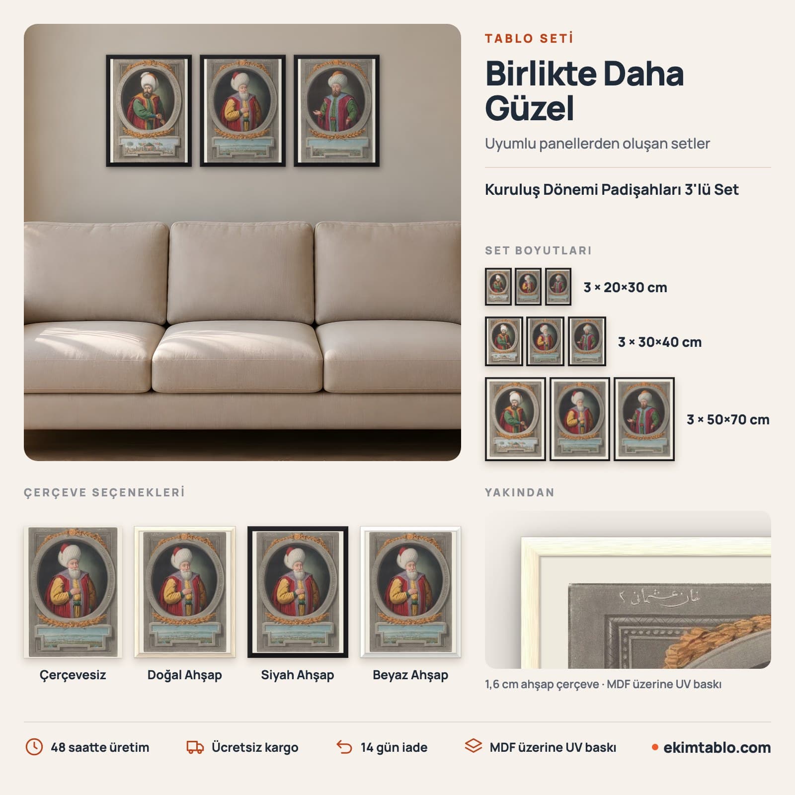 Kuruluş Dönemi Padişahları 3'lü Set — boyut ve çerçeve seçenekleri