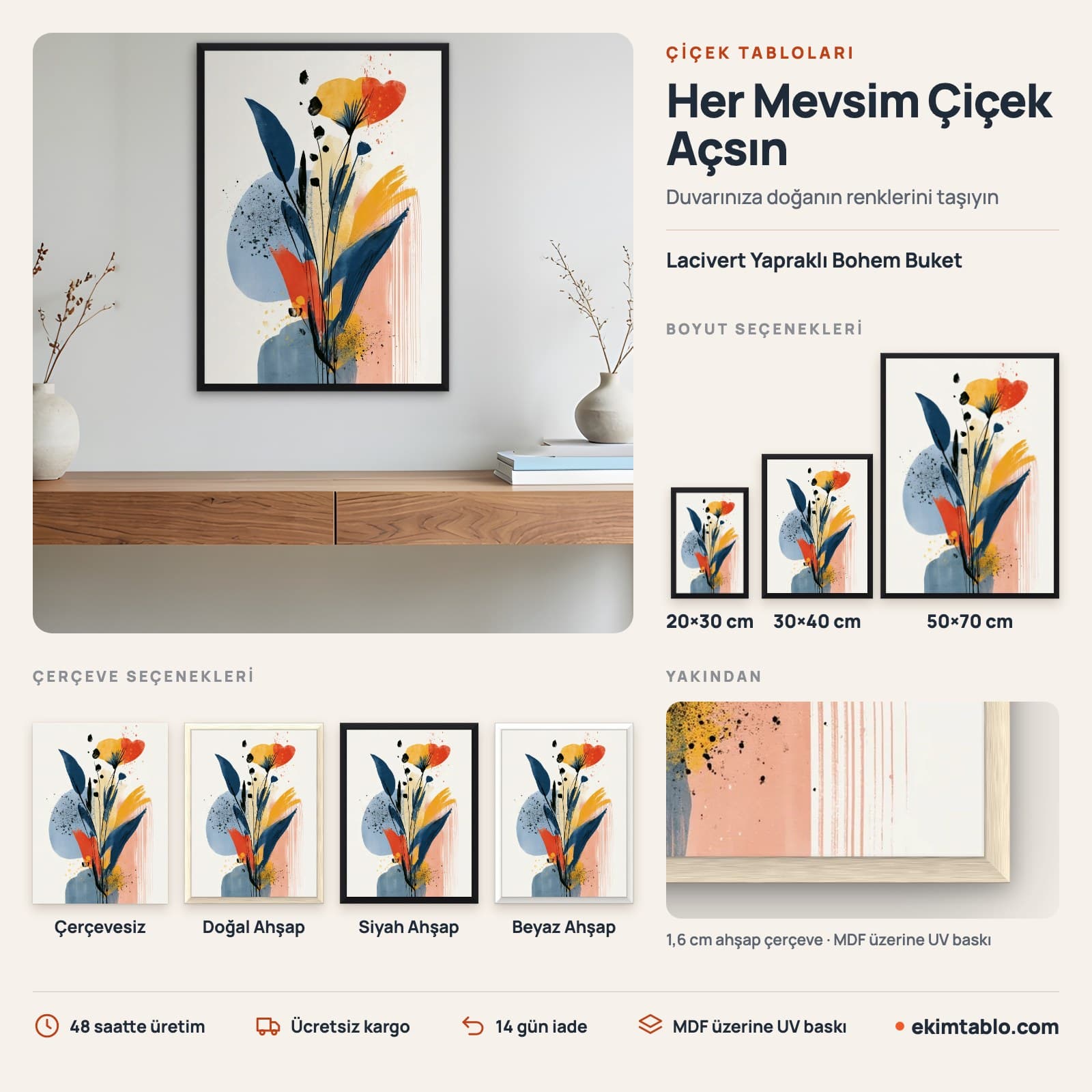 Lacivert Yapraklı Bohem Buket — boyut ve çerçeve seçenekleri
