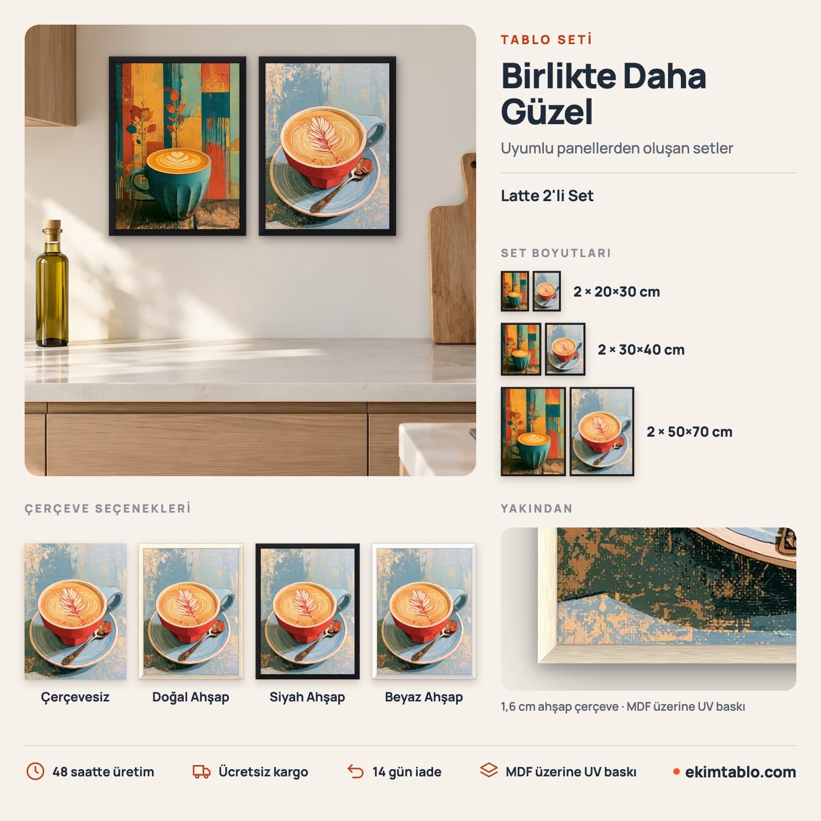 Latte 2'li Set — boyut ve çerçeve seçenekleri