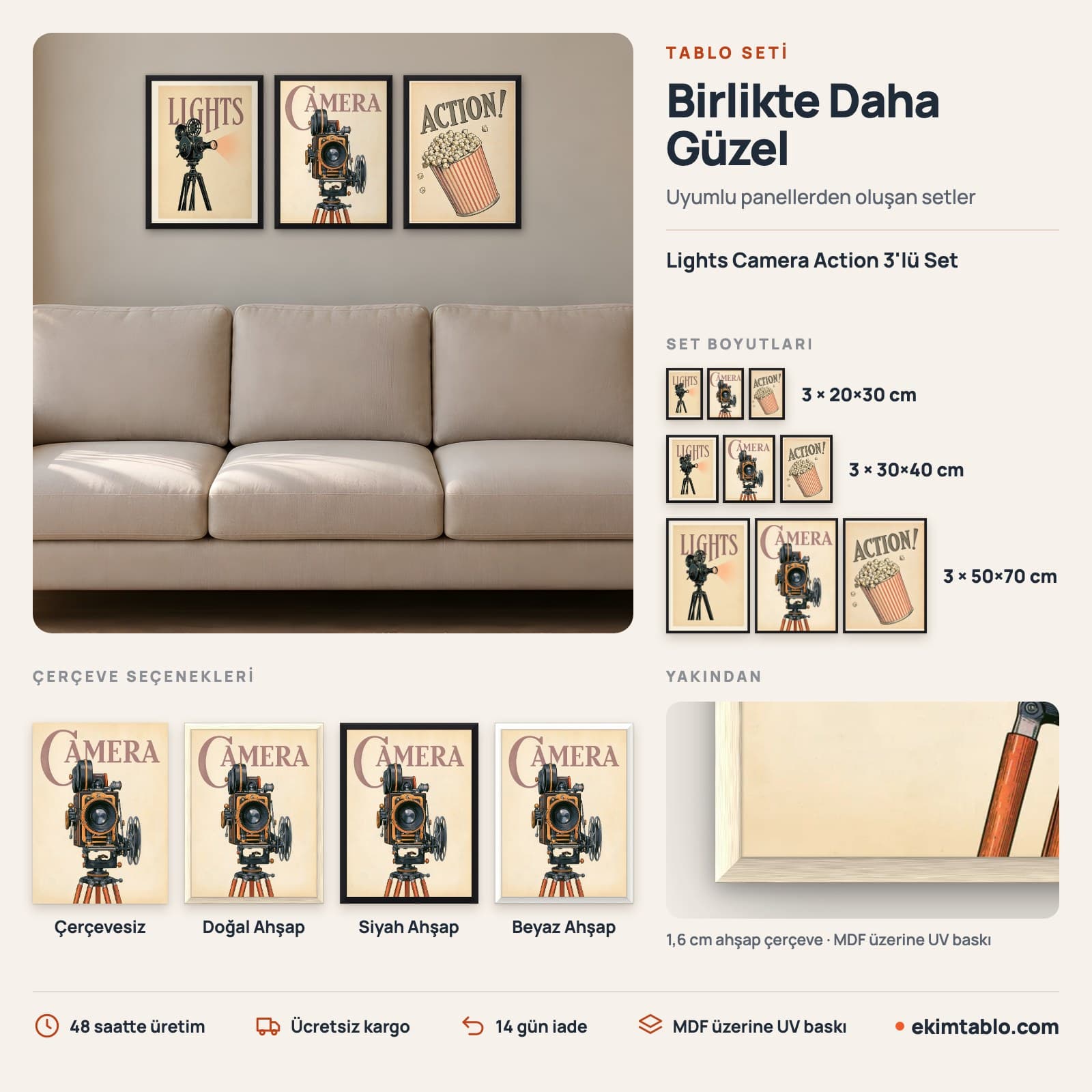 Lights Camera Action 3'lü Set — boyut ve çerçeve seçenekleri