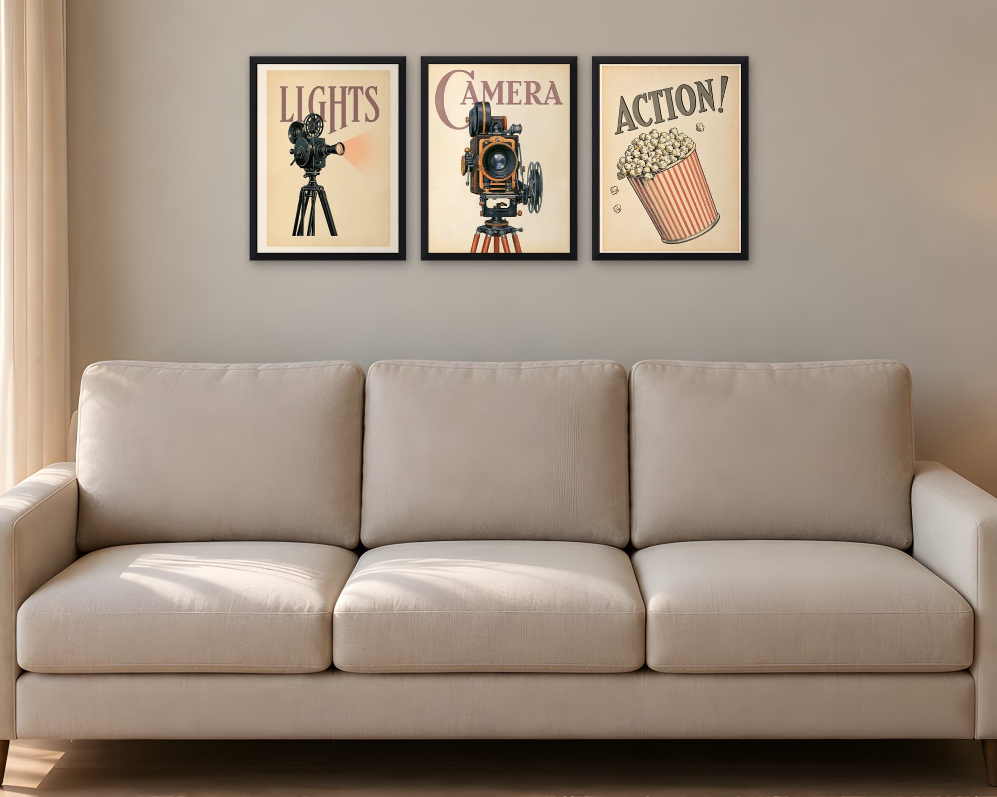 Lights Camera Action 3'lü Set — Tablo Seti, duvarda oda görünümü