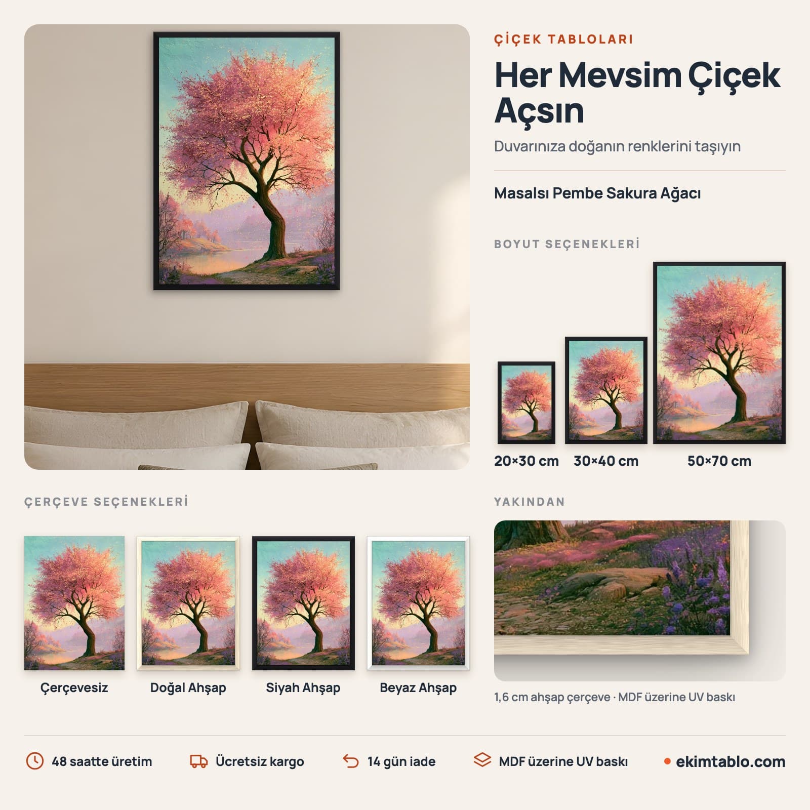 Masalsı Pembe Sakura Ağacı — boyut ve çerçeve seçenekleri