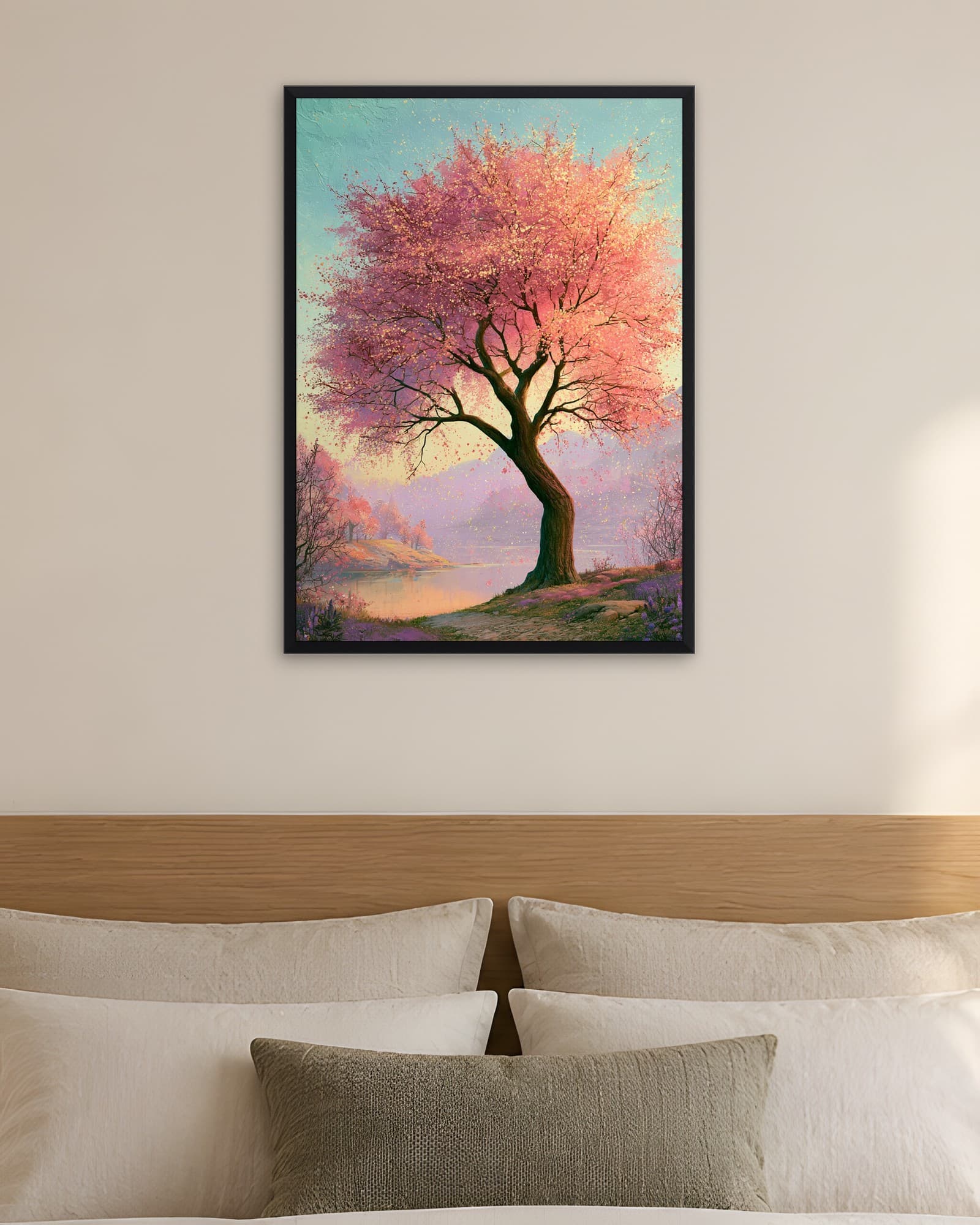 Masalsı Pembe Sakura Ağacı — Çiçek Duvar Tablosu, duvarda oda görünümü