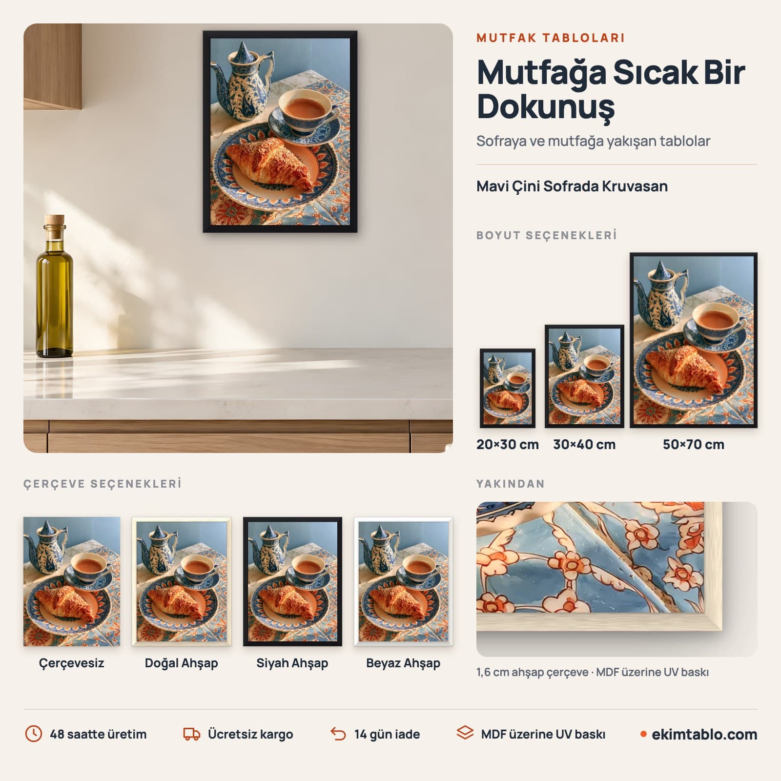 Mavi Çini Sofrada Kruvasan — boyut ve çerçeve seçenekleri